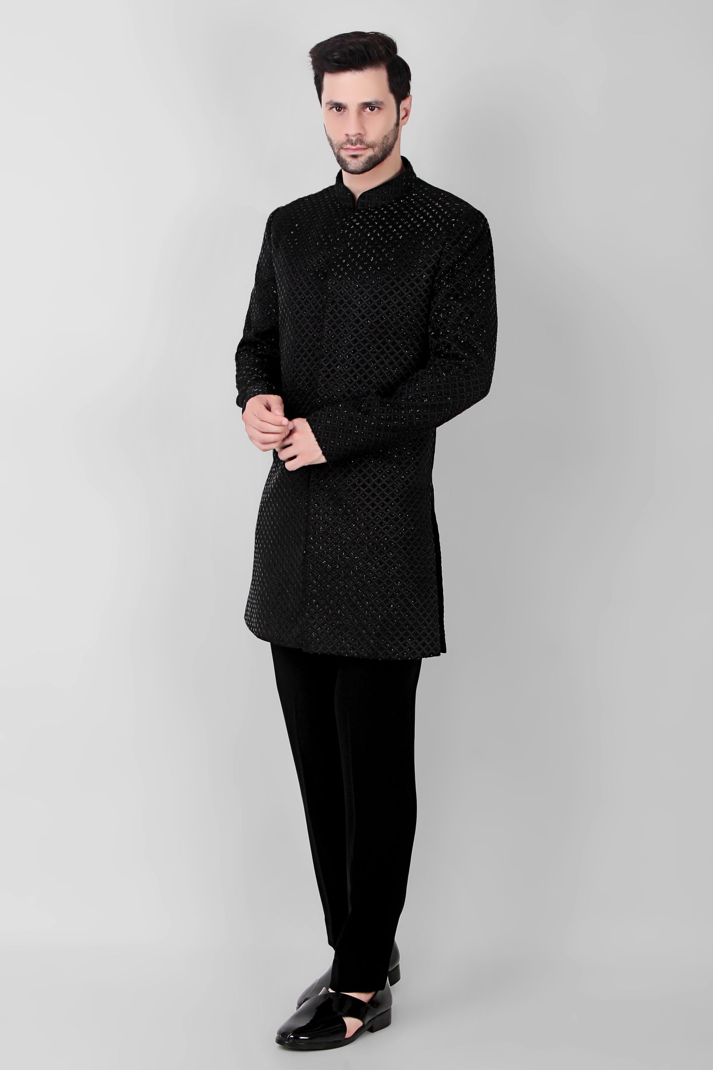 Side view - Men’s Indo-Western – Silk Georgette in Black with Cutdane Embroidery