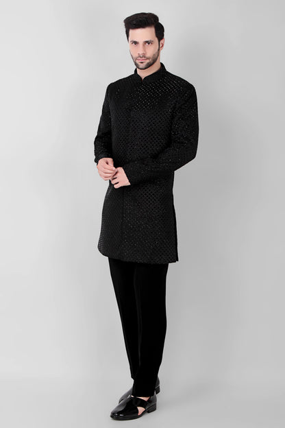 Men’s Indo-Western – Silk Georgette in Black with Cutdane Embroidery | One Man Show
