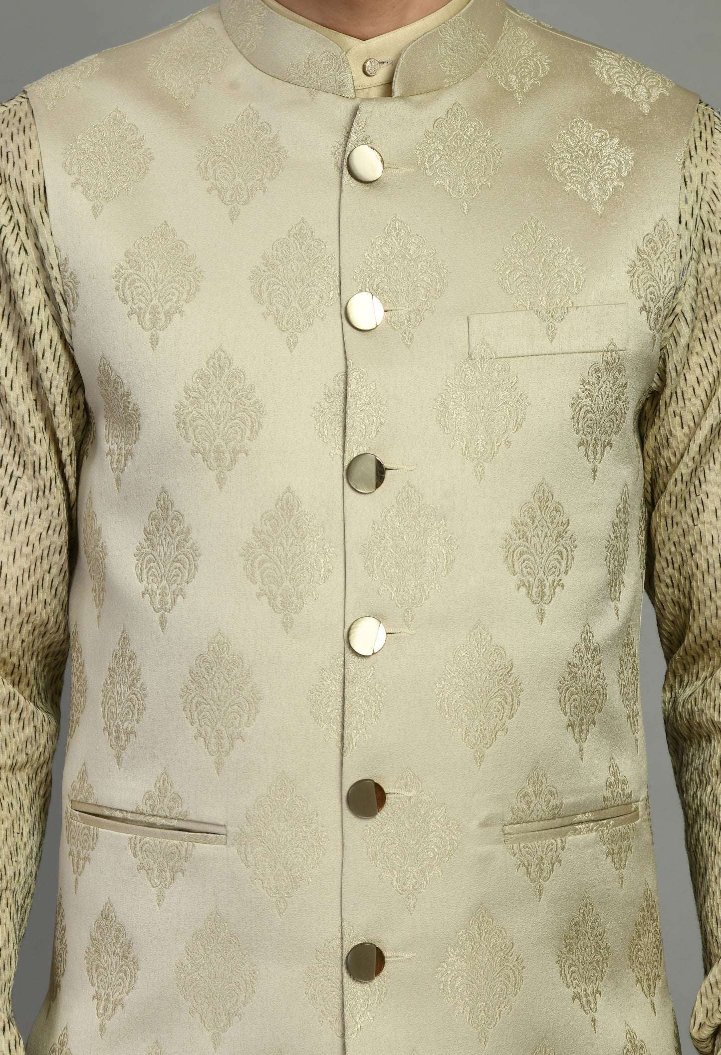 Detail view 1 - Men’s Nehru Jacket – Silk Jaquard in Cream with Threadwork Chevron Print