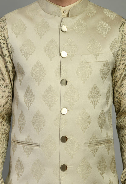 Men’s Nehru Jacket – Silk Jaquard in Cream with Threadwork Chevron Print | One Man Show