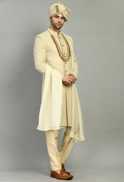 Men’s Sherwani – Silk in Cream with Detailed Hand Embroidery Allover | One Man Show