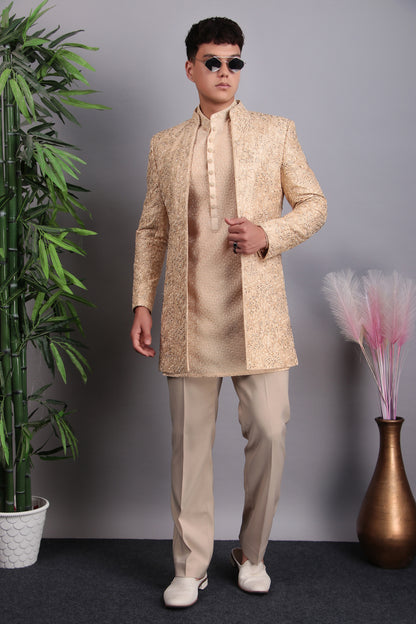 Men’s Indo-Western – Silk Embroidered Fabric in Beige with Floral Hand Embroidery | One Man Show