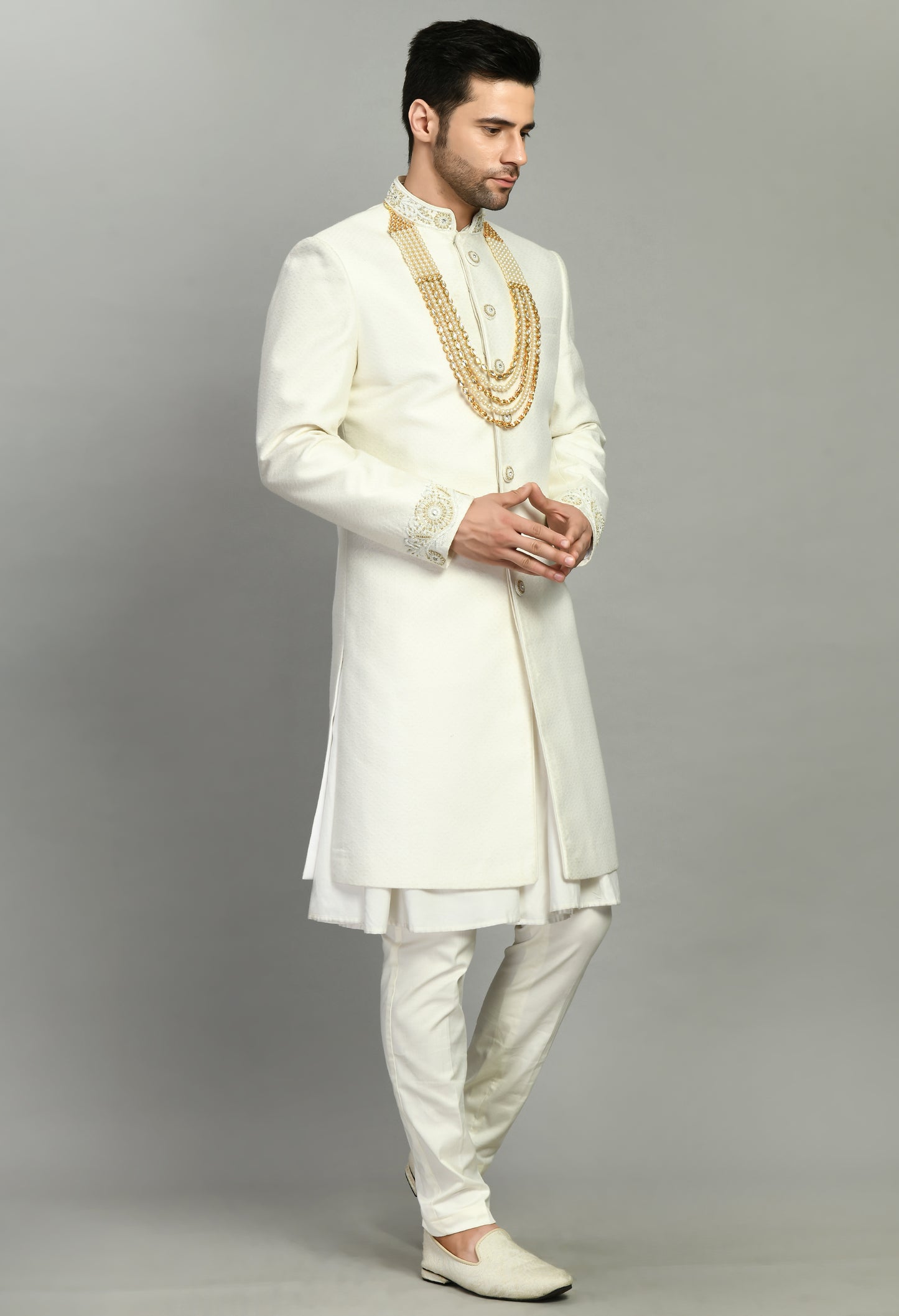 Front view - Men’s Sherwani – Silk in Ivory with Detailed Hand Embroidery
