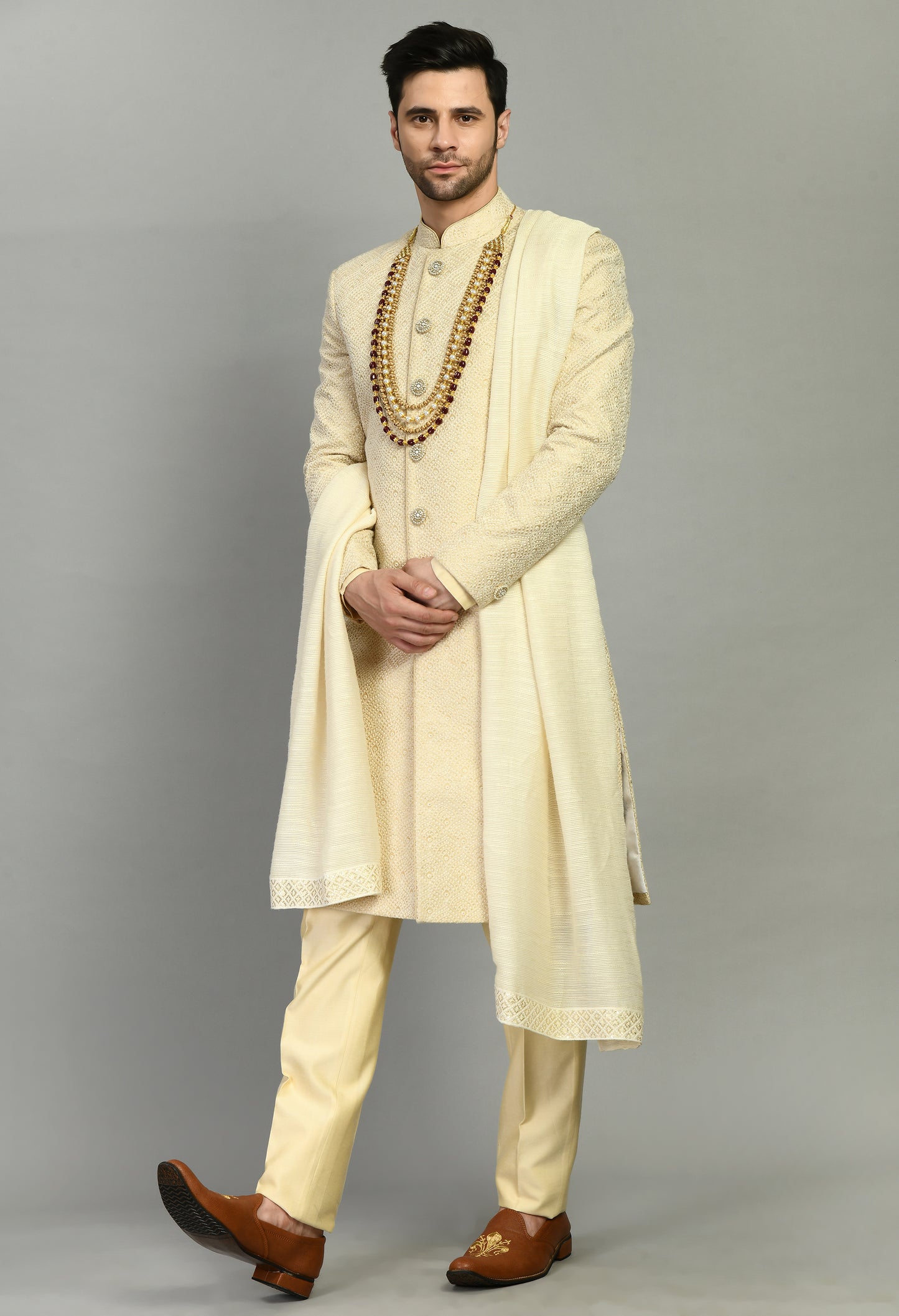 Front view - Men’s Sherwani – Silk in Cream with Detailed Hand Embroidery Allover