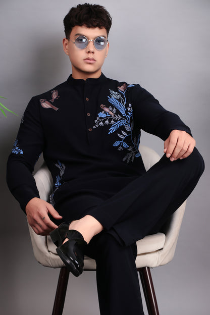 Men’s Kurta Set – Japanese Lycra in Blue with Blue Silk Thread Placement Embroidery | One Man Show