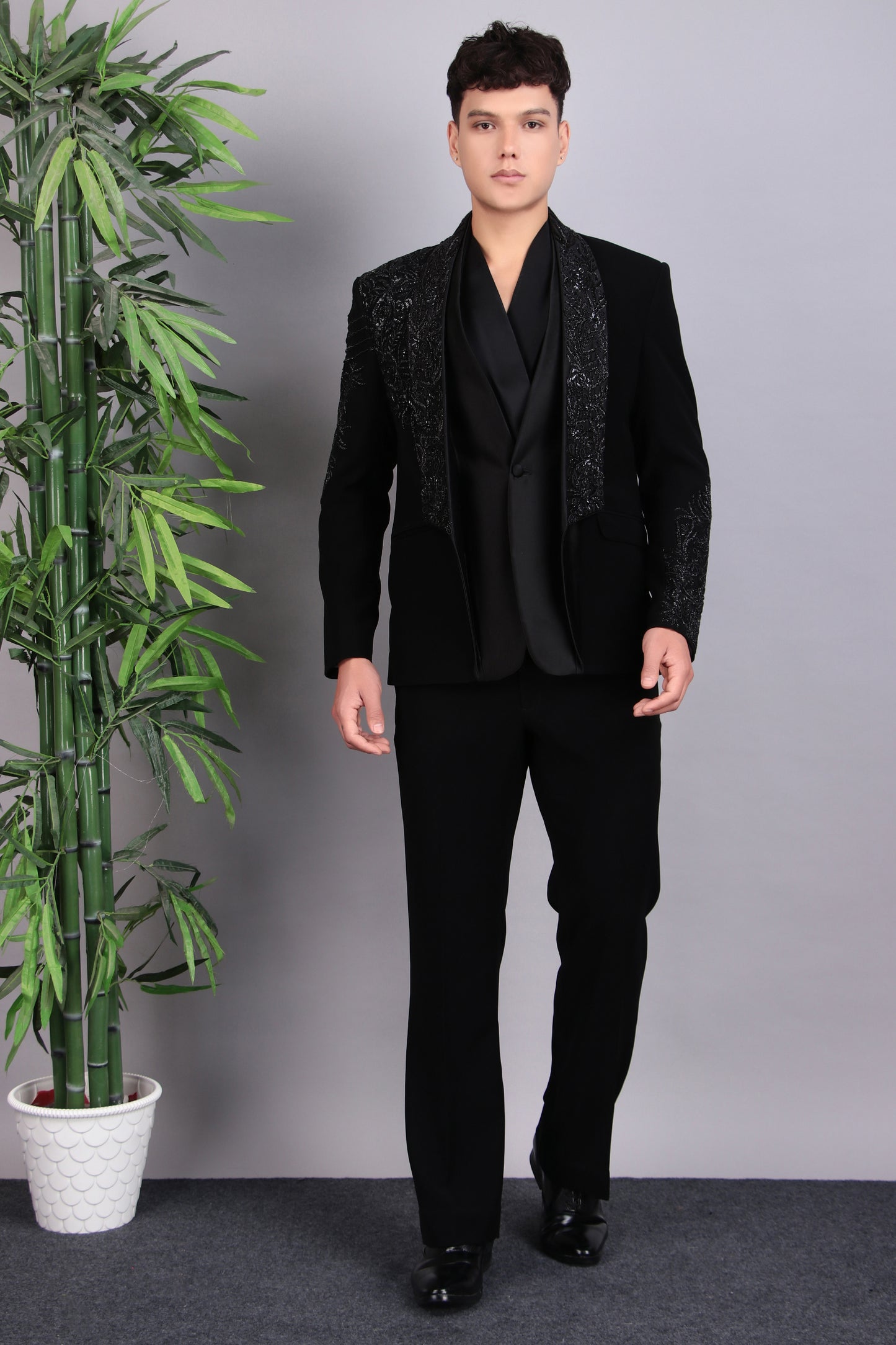 Front view - Men’s Tuxedo – Japanese Lycra in Black with Layered Lapel & Beaded Embroidery
