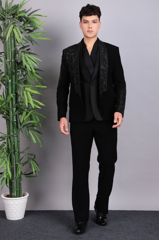 Front view - Men’s Tuxedo – Japanese Lycra in Black with Layered Lapel & Beaded Embroidery