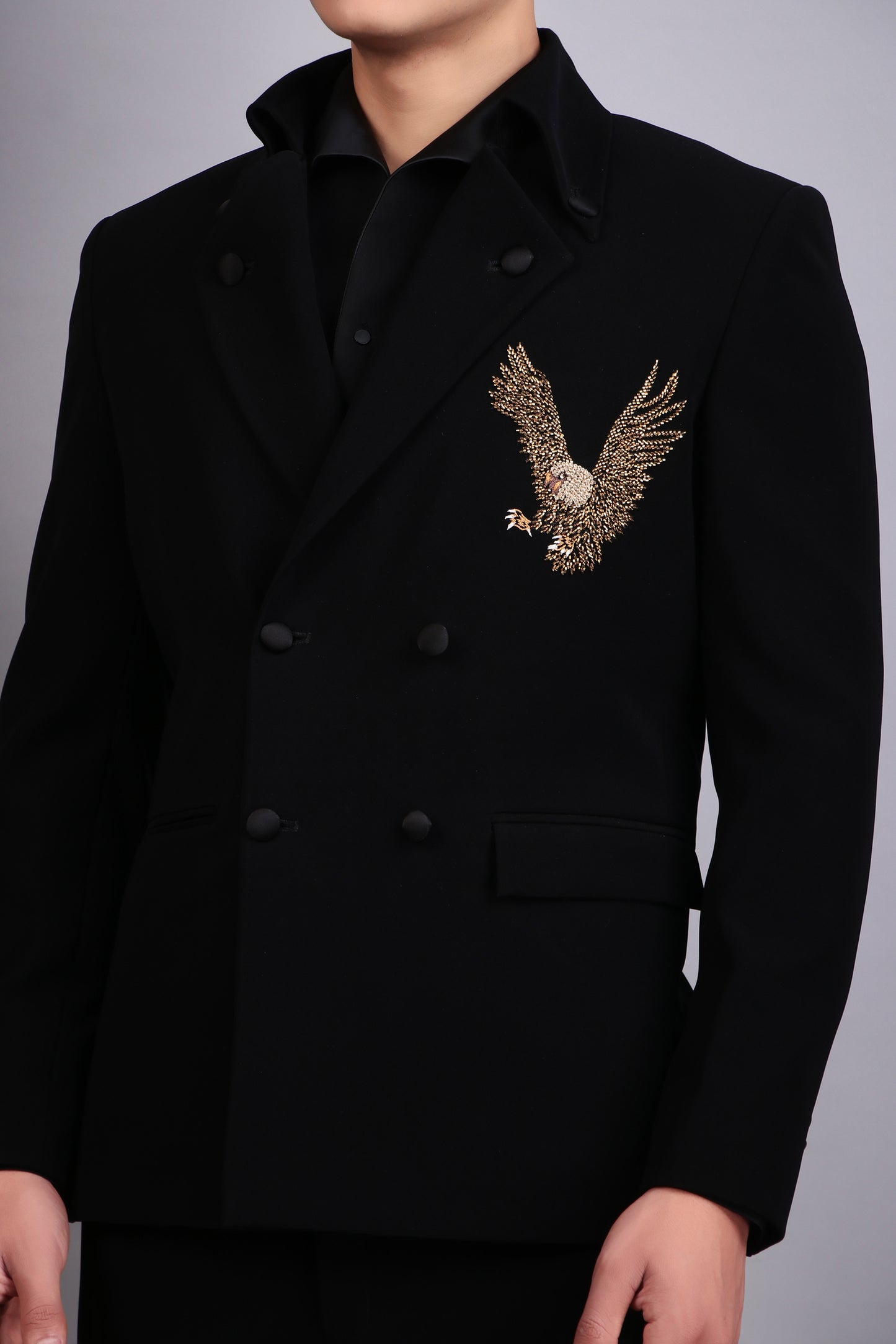 Detail view 7 - Men’s Tuxedo – Japanese Lycra in Black with Eagle Motif Embroidery