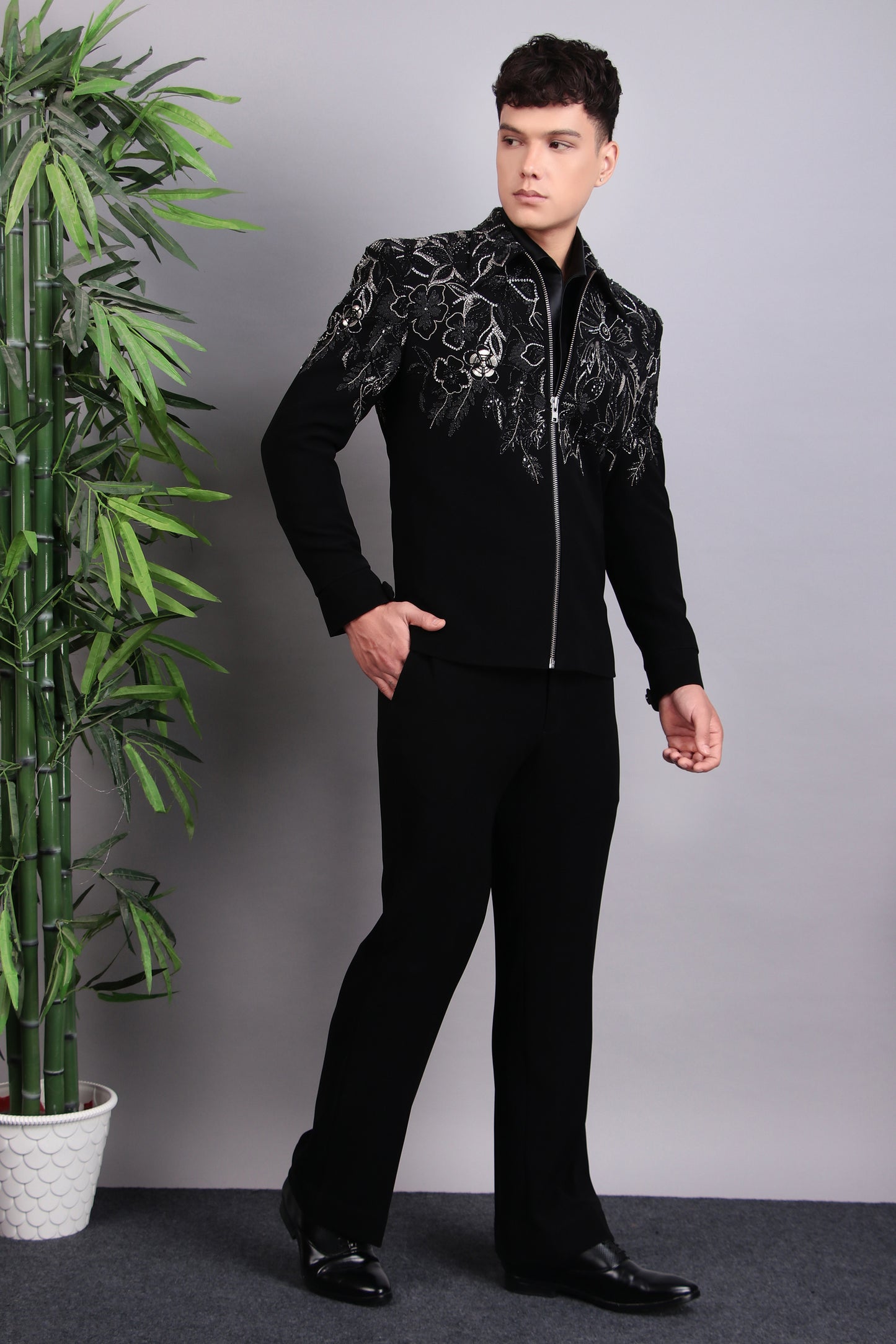 Front view - Men’s Tuxedo – Japanese Lycra in Black with Hand Embroidery