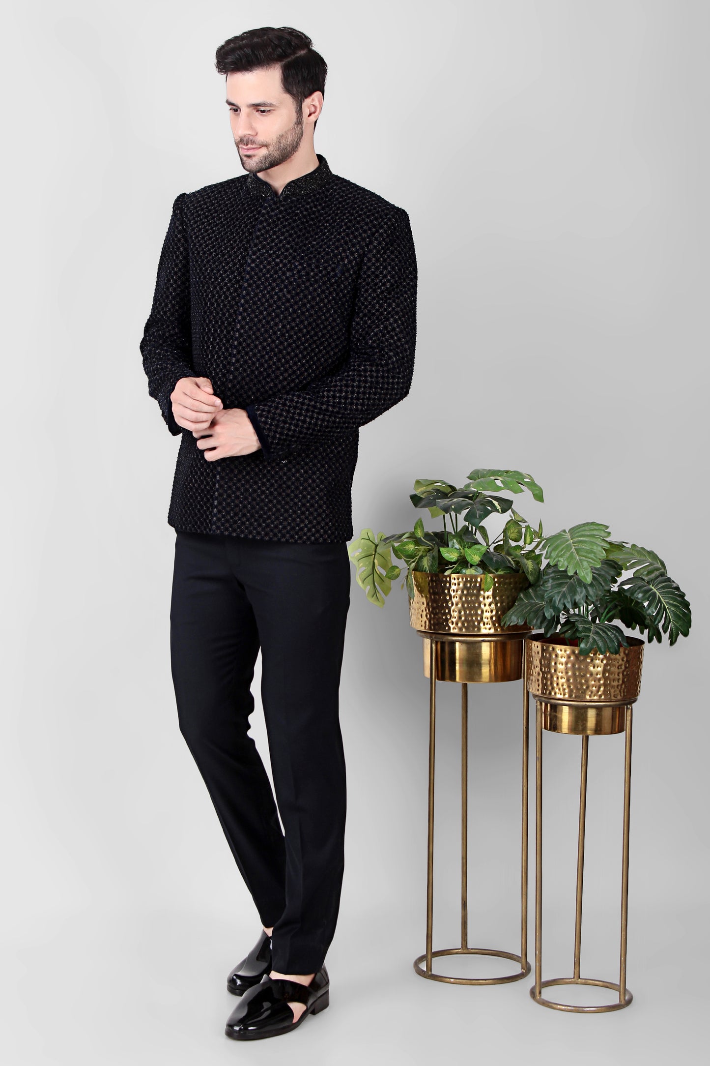 Side view - Men’s Bandhgala – Velvet in Black with Beads Embroidery