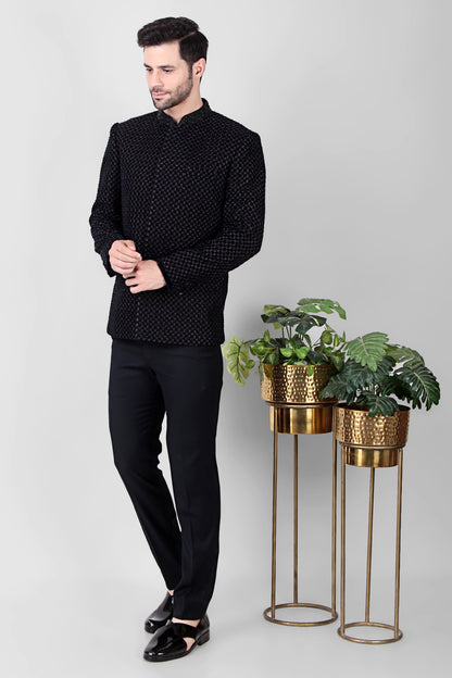 Men’s Bandhgala – Velvet in Black with Beads Embroidery | One Man Show