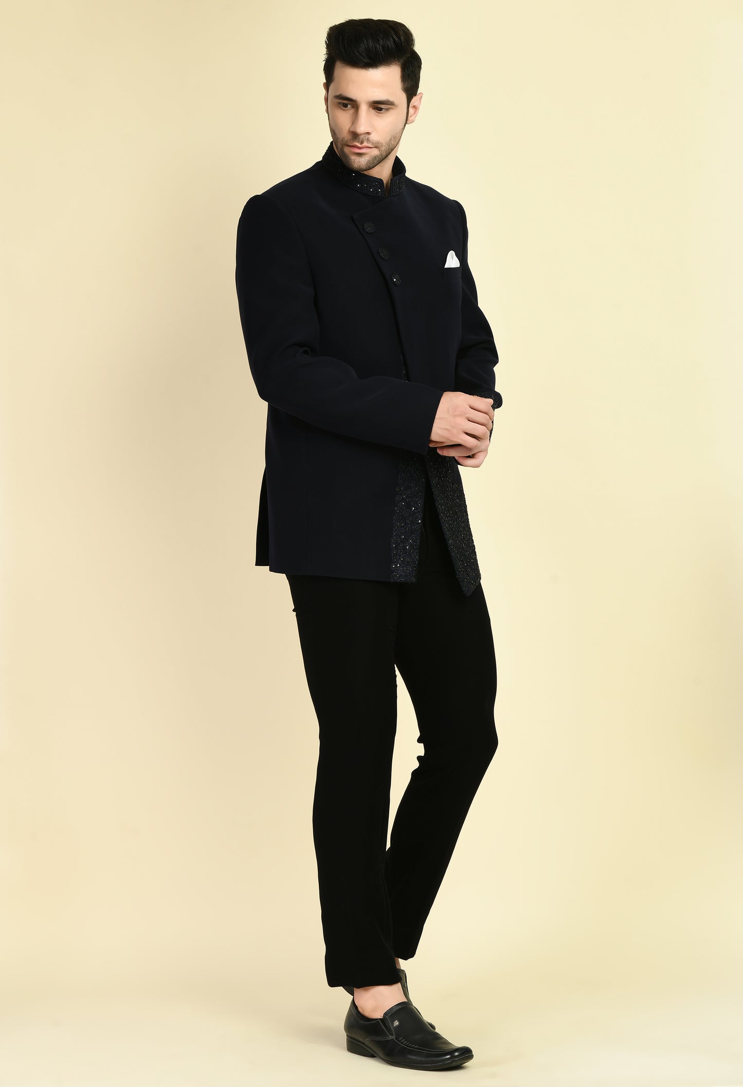Side view - Men’s Bandhgala – Japanese Lycra in Black with Angrakha Front and Abstract Embroidery