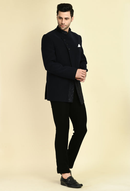 Men’s Bandhgala – Japanese Lycra in Black with Angrakha Front and Abstract Embroidery | One Man Show