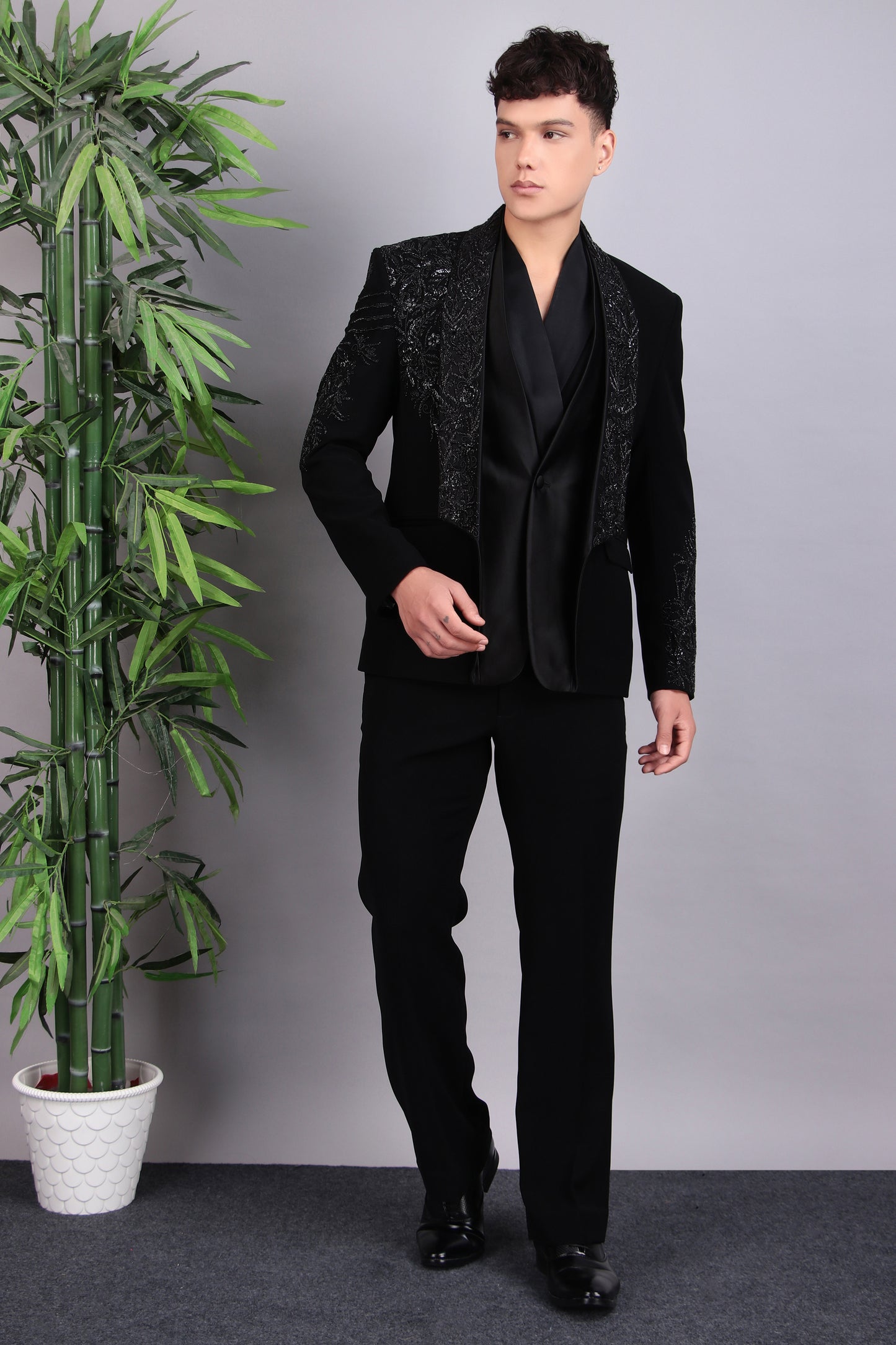 Men’s Tuxedo – Japanese Lycra in Black with Layered Lapel & Beaded Embroidery | One Man Show