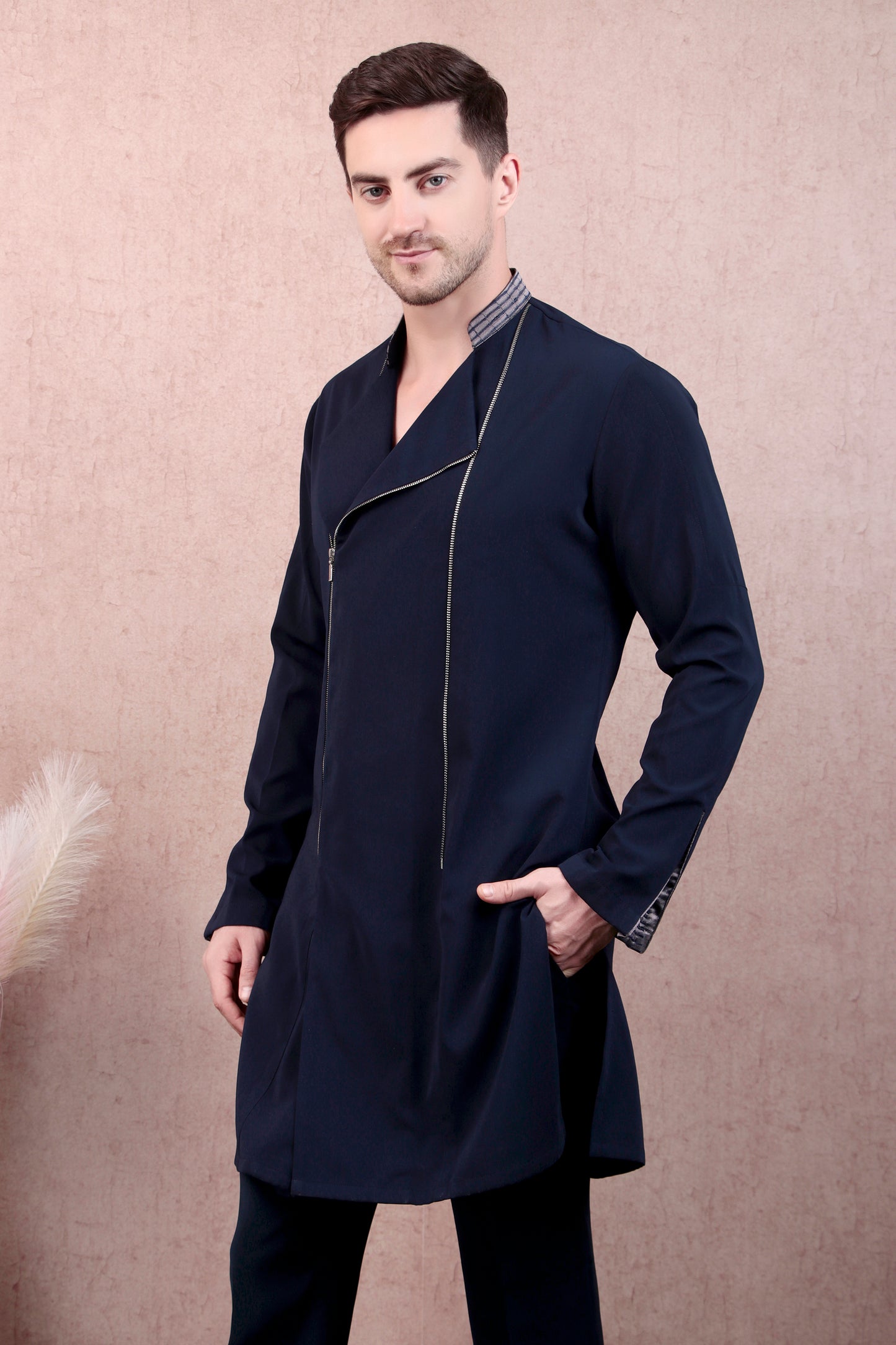 Back view - Men’s Kurta Set – Asymmetric Zip Placket in Navy with Band Collar & Contrast Lining
