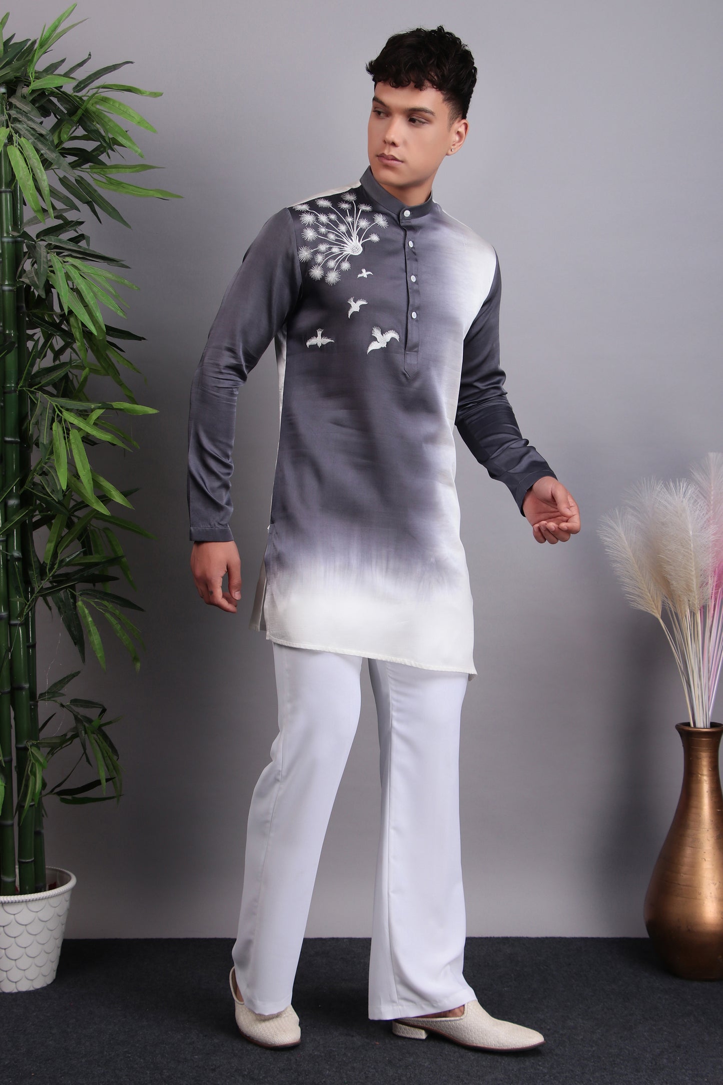 Front view - Men’s Kurta Set – Modal Satin in Purple with Silk Thread Embroidery