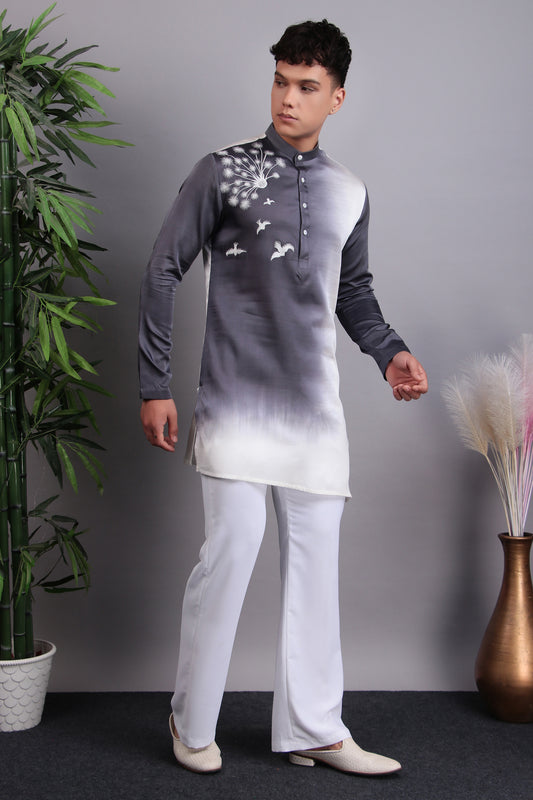 Men’s Kurta Set – Modal Satin in Purple with Silk Thread Embroidery | One Man Show