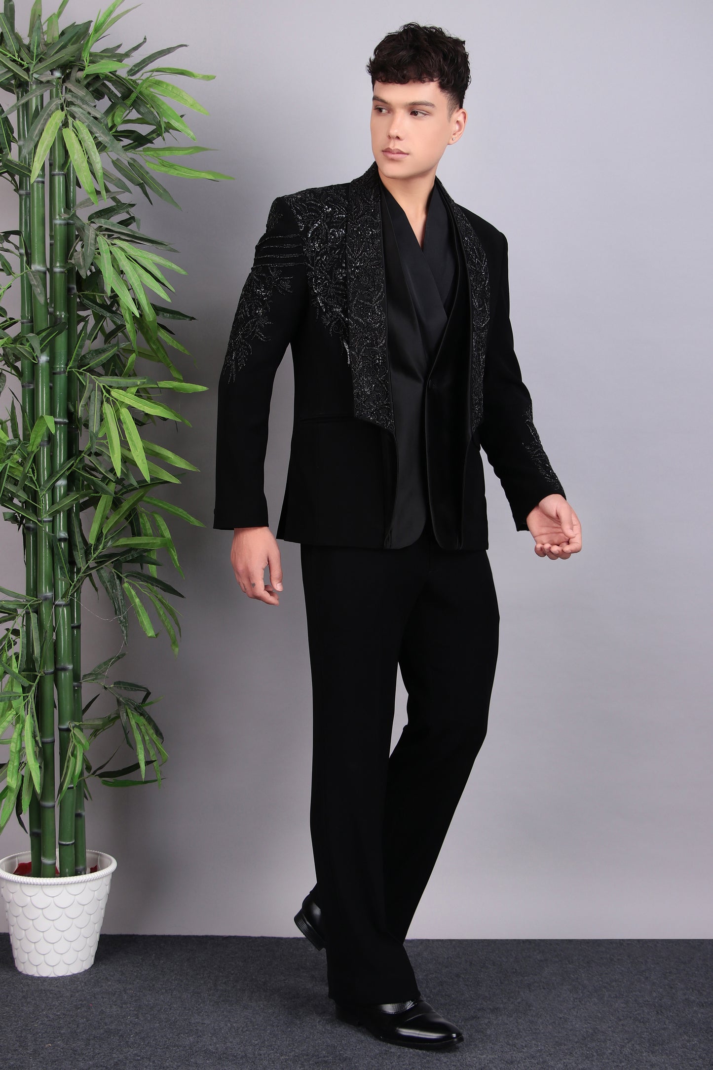 Men’s Tuxedo – Japanese Lycra in Black with Layered Lapel & Beaded Embroidery | One Man Show