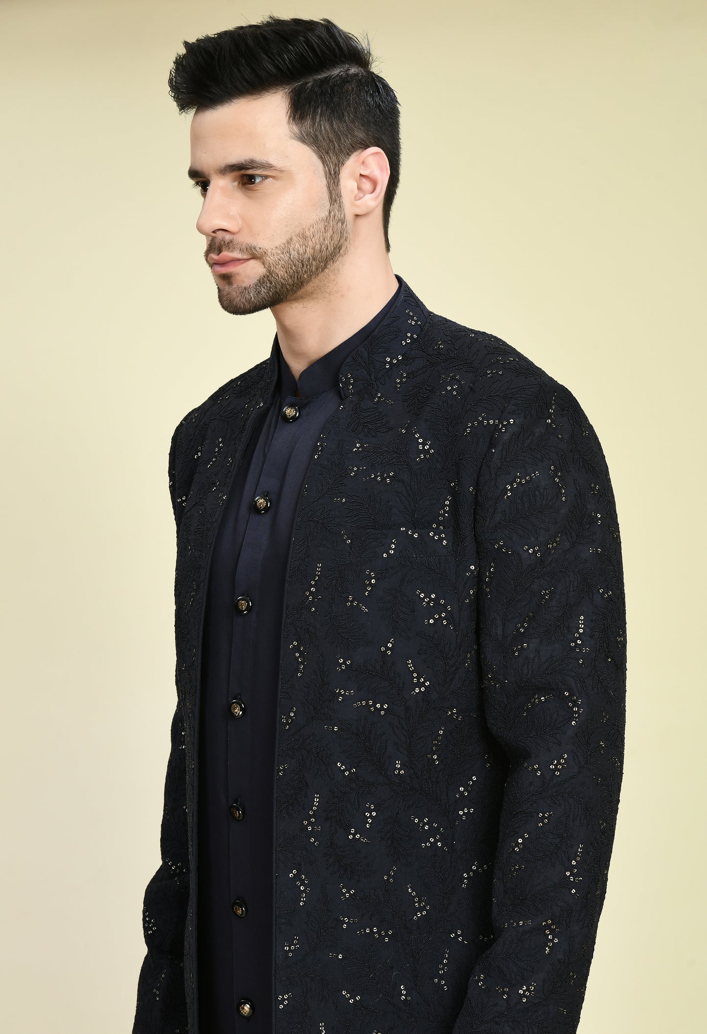 Detail view 1 - Men’s Indo-Western – Silk Kurta in Navy Blue with Dori and Sequins Embroidery