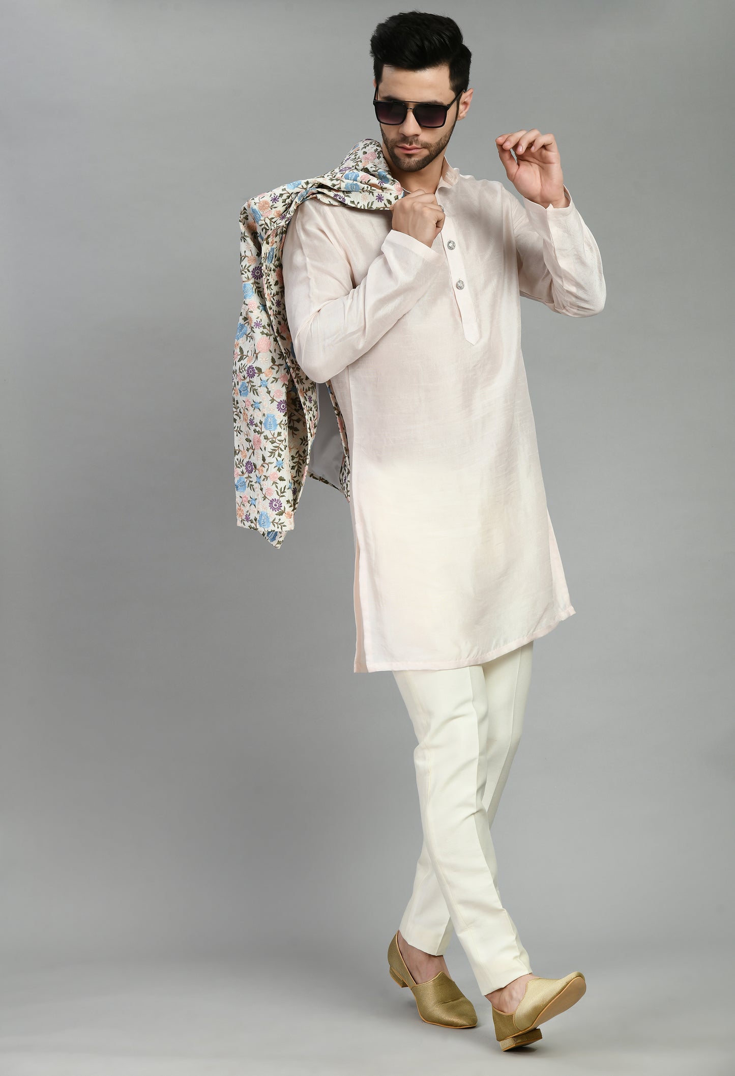 Detail view 1 - Men’s Indo-Western – Silk Kurta in Multi Color with Multi Color Floral Silk Thread Embroidery