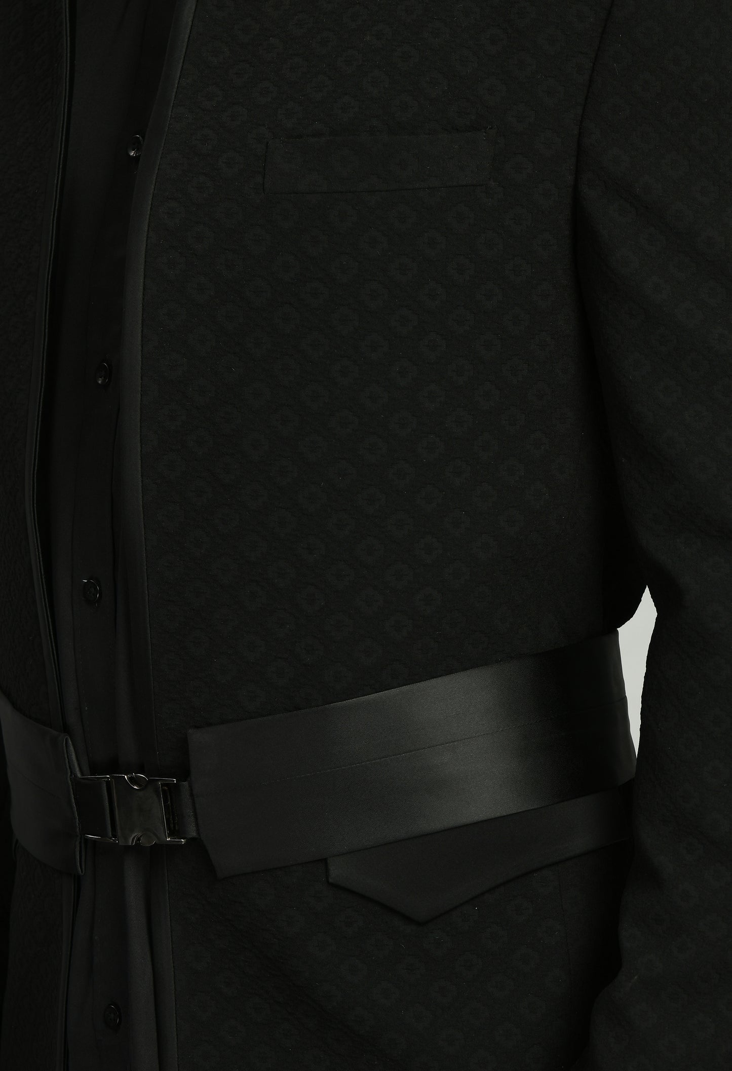 Detail view 1 - Men’s Tuxedo – Poly Jaquard in Black with Designer Front Open and Waist Belt