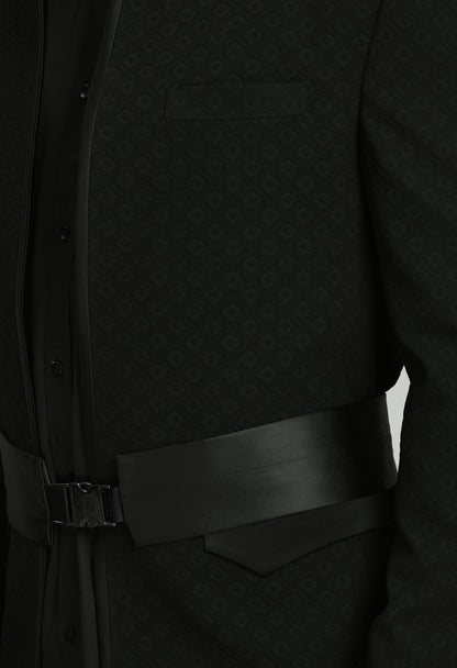 Men’s Tuxedo – Poly Jaquard in Black with Designer Front Open and Waist Belt | One Man Show