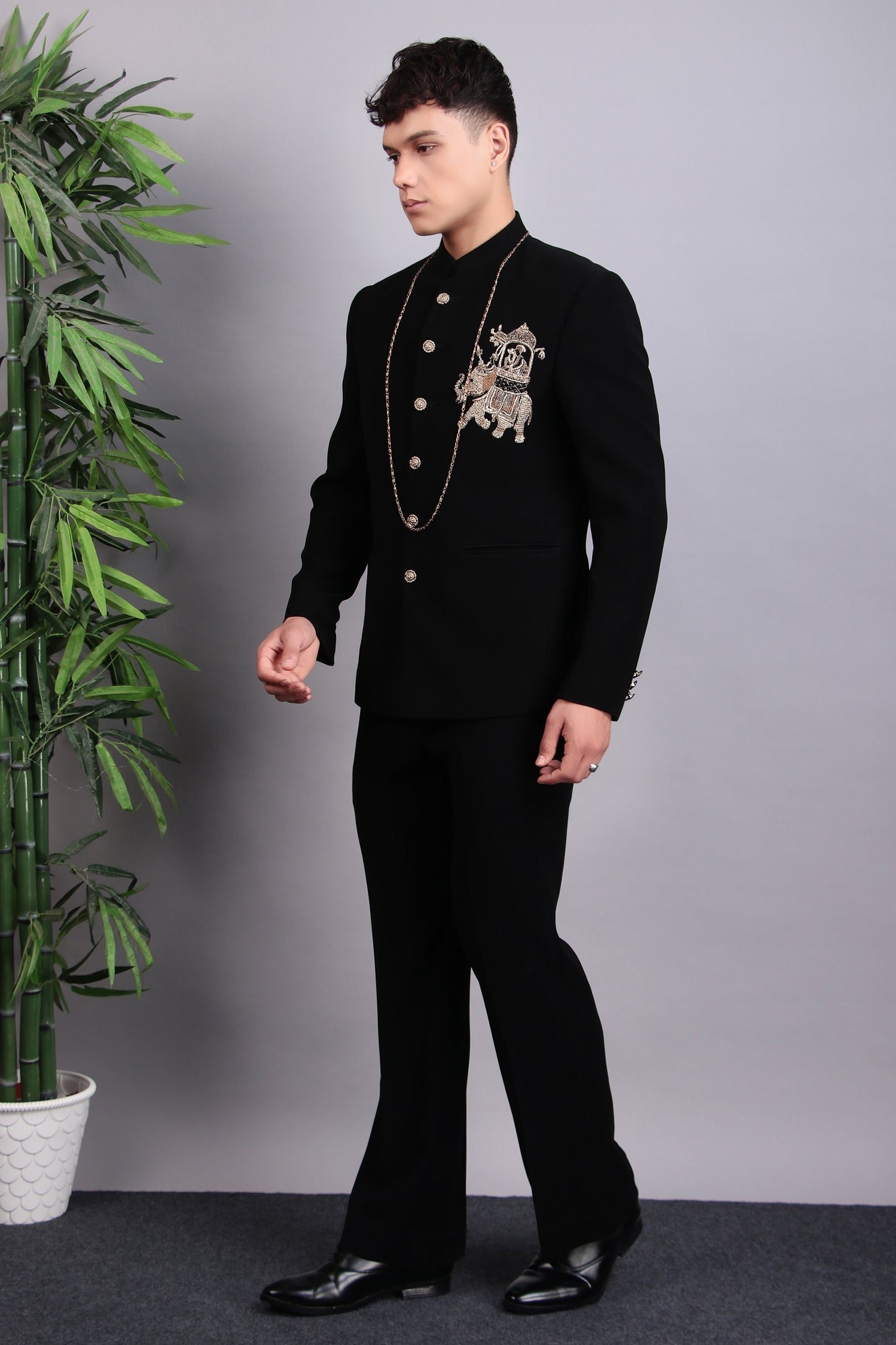 Side view - Men’s Bandhgala – Japanese Lycra in Black with Patch Motif Embroidery
