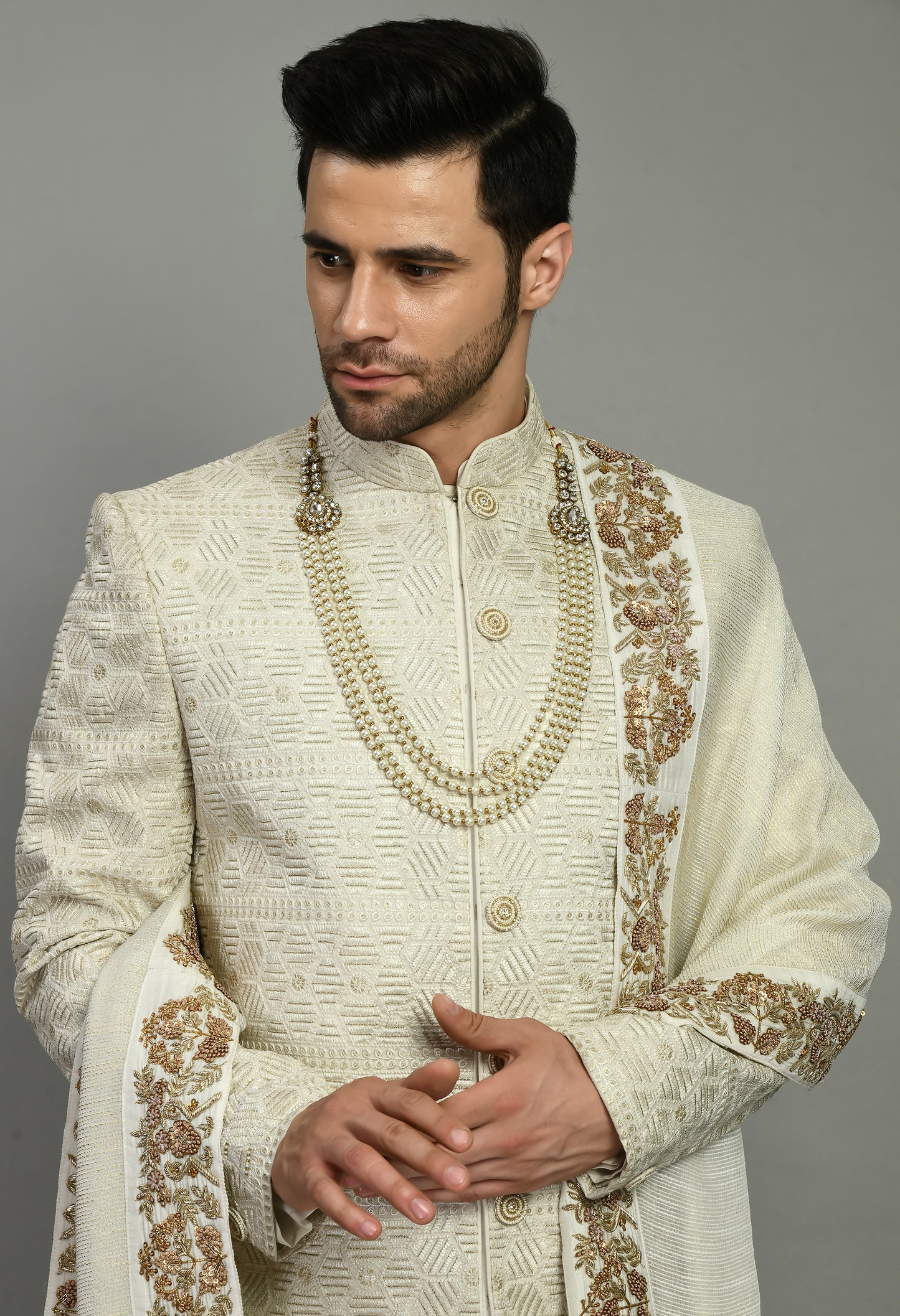Front view - Men’s Sherwani – Silk in Ivory with Detailed Hand Embroidery
