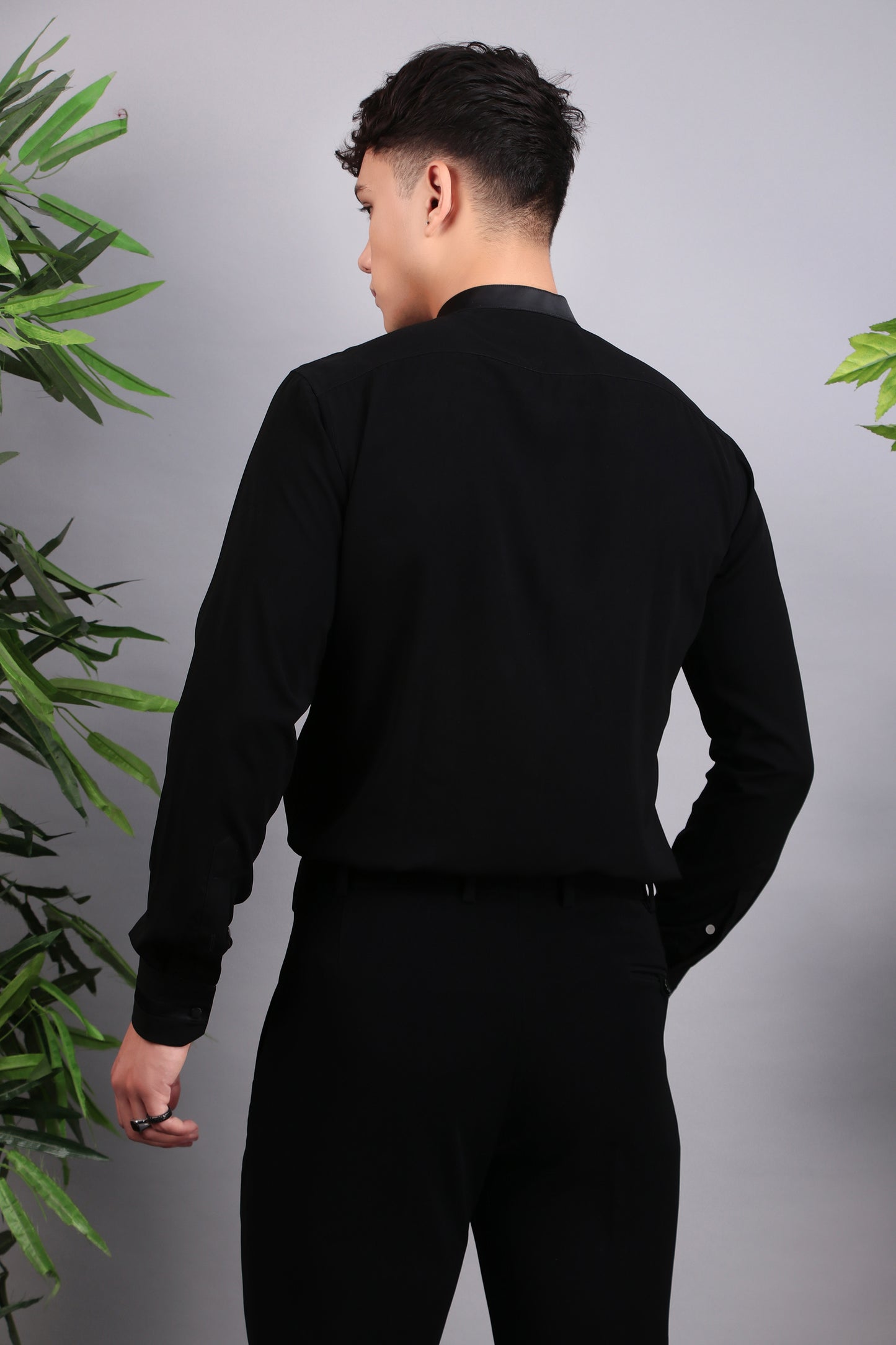 Back view - Men’s Shirt – Korean Wrinkle Free in Black with Front Beads Embroidery