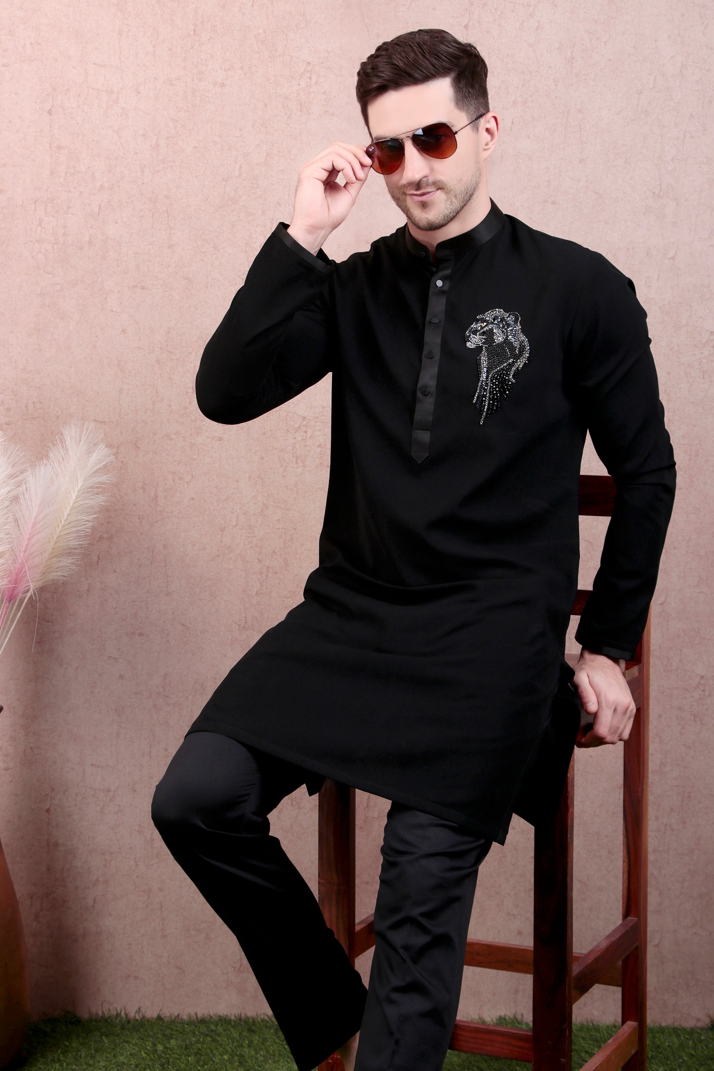 Detail view 4 - Men’s Kurta Set – Japanese Lycra in Black with Panther Motif Hand Embroidery