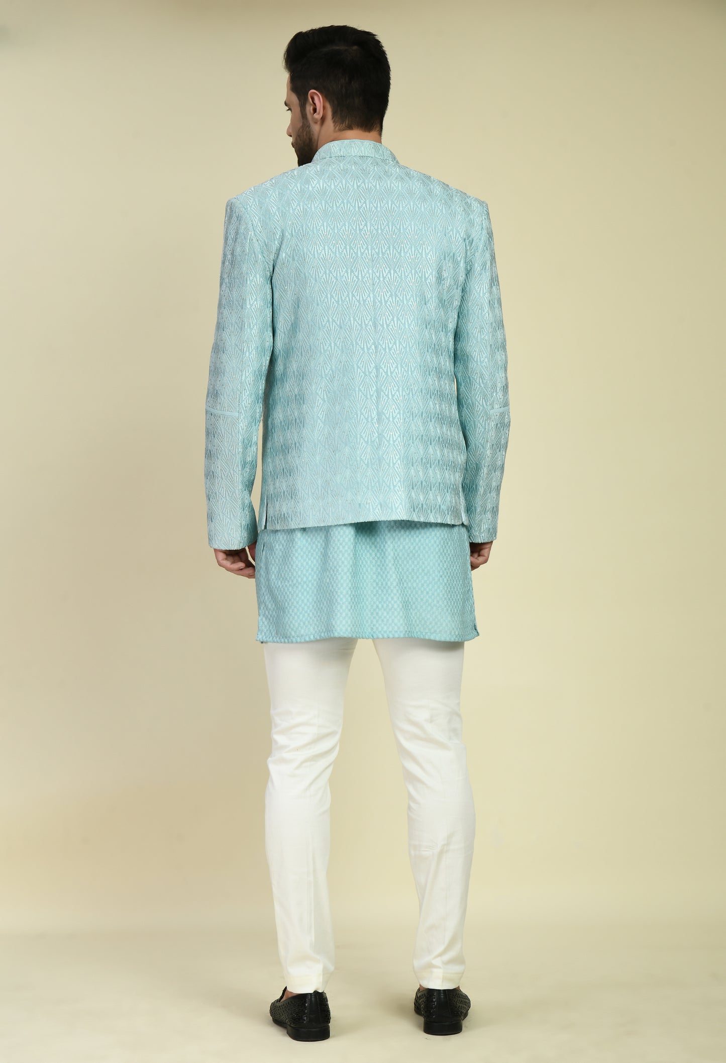 Detail view 2 - Men’s Indo-Western – Silk Georgette in Blue with Thread Embroidery