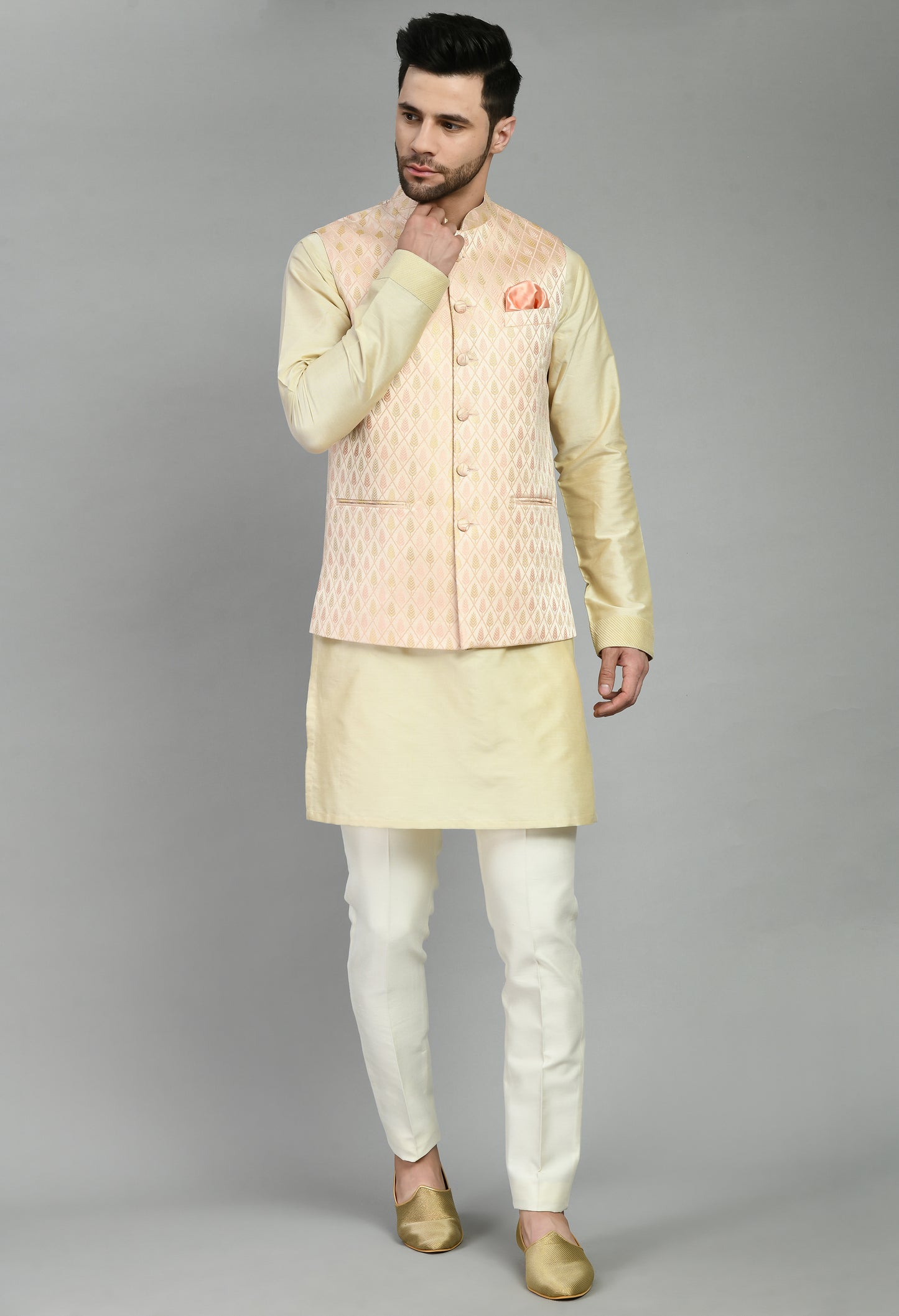 Side view - Men’s Nehru Jacket – Silk in Pink with Silk Jaquard