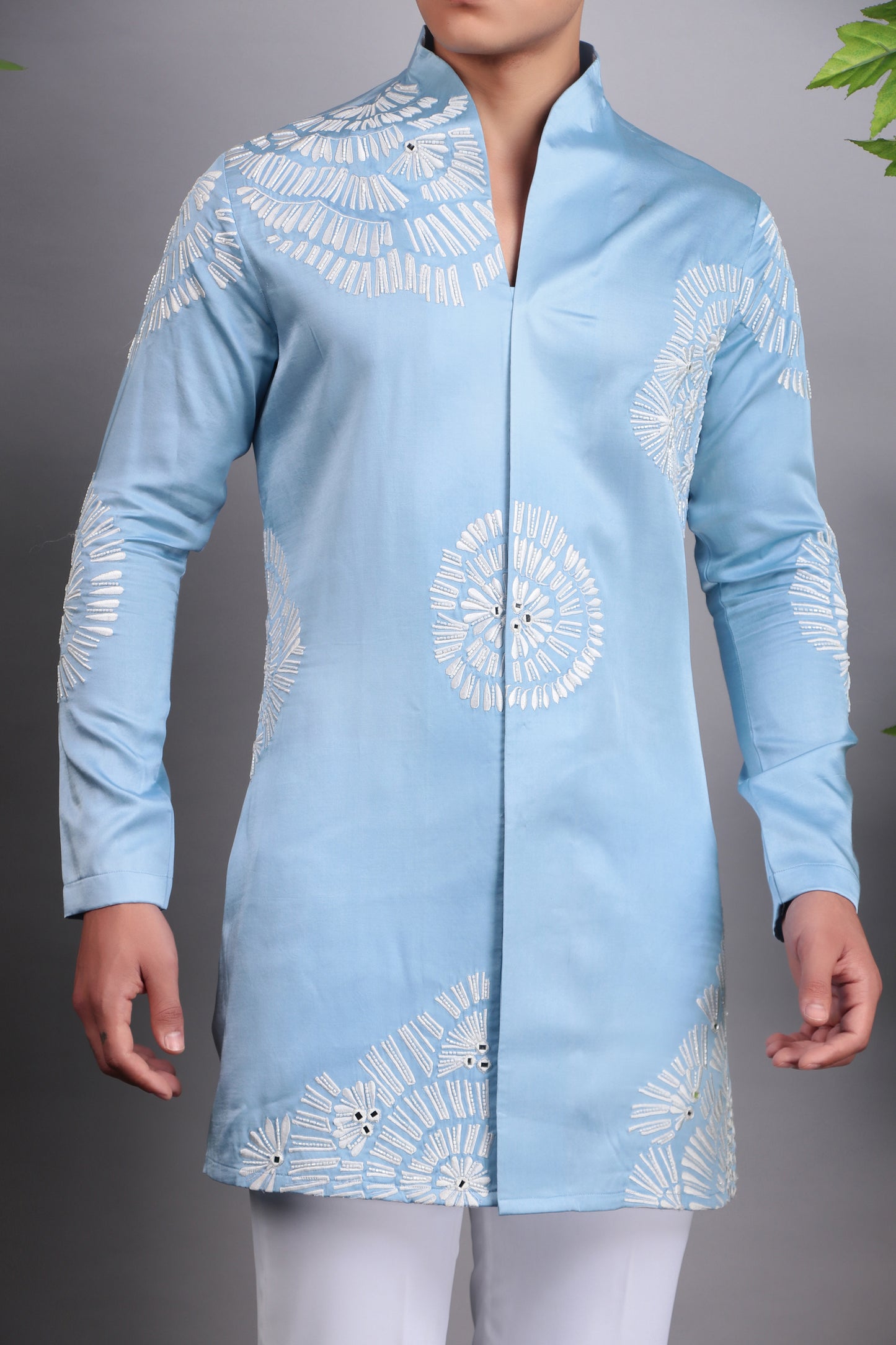 Detail view 3 - Men’s Kurta Set – Modal Satin in Blue with Silk Thread Embroidery