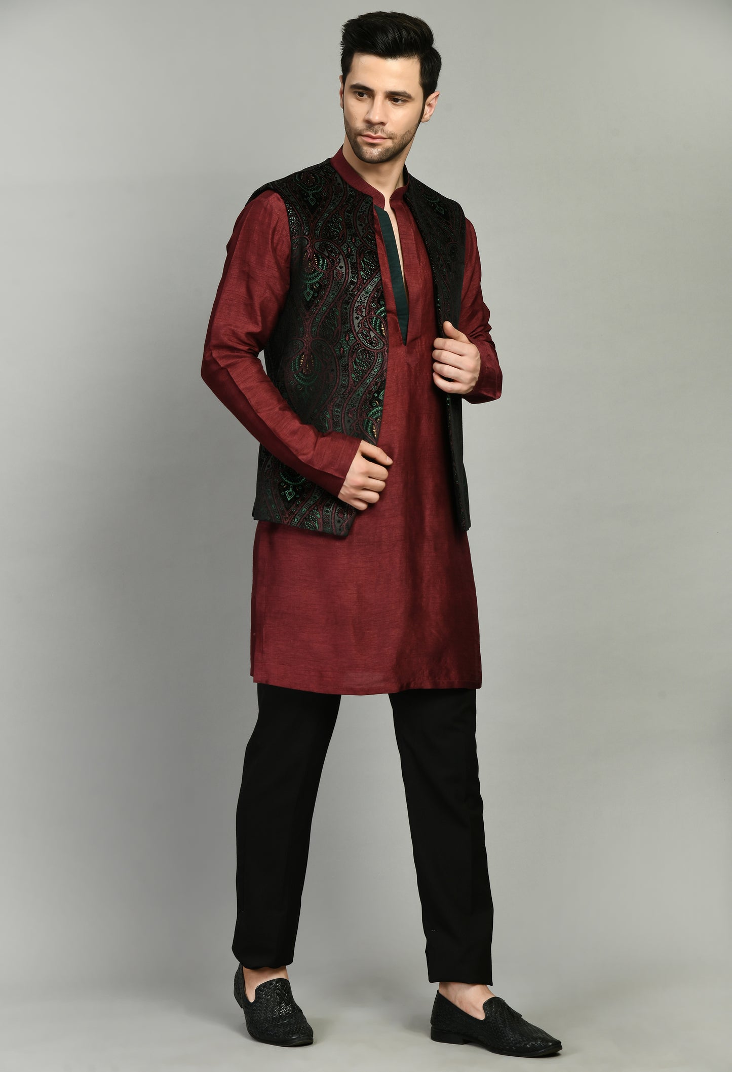 Back view - Men’s Nehru Jacket – Velvet Printed in Maroon with Front Open Design