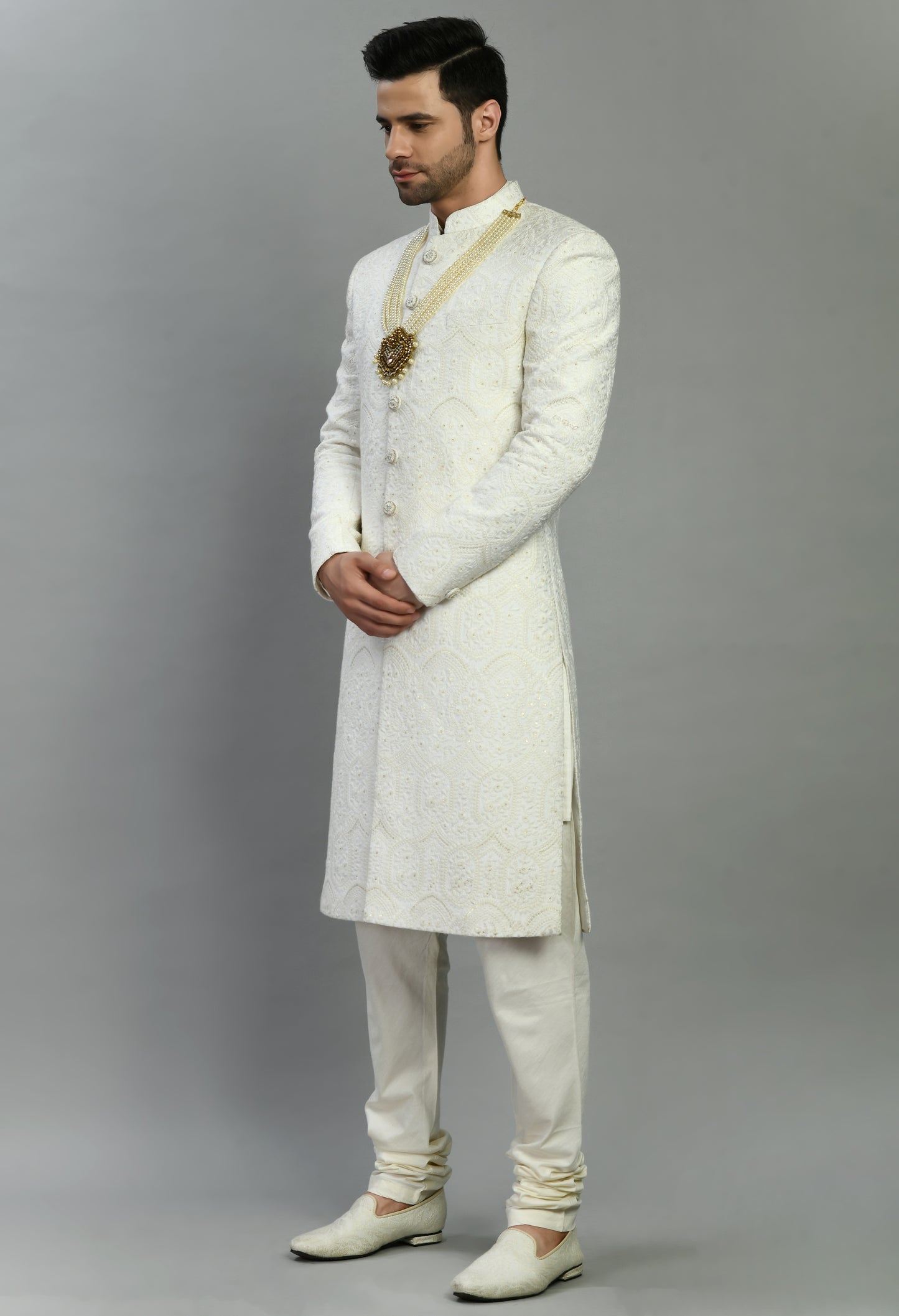 Men’s Sherwani – Silk in Ivory with Detailed Hand Embroidery Allover | One Man Show
