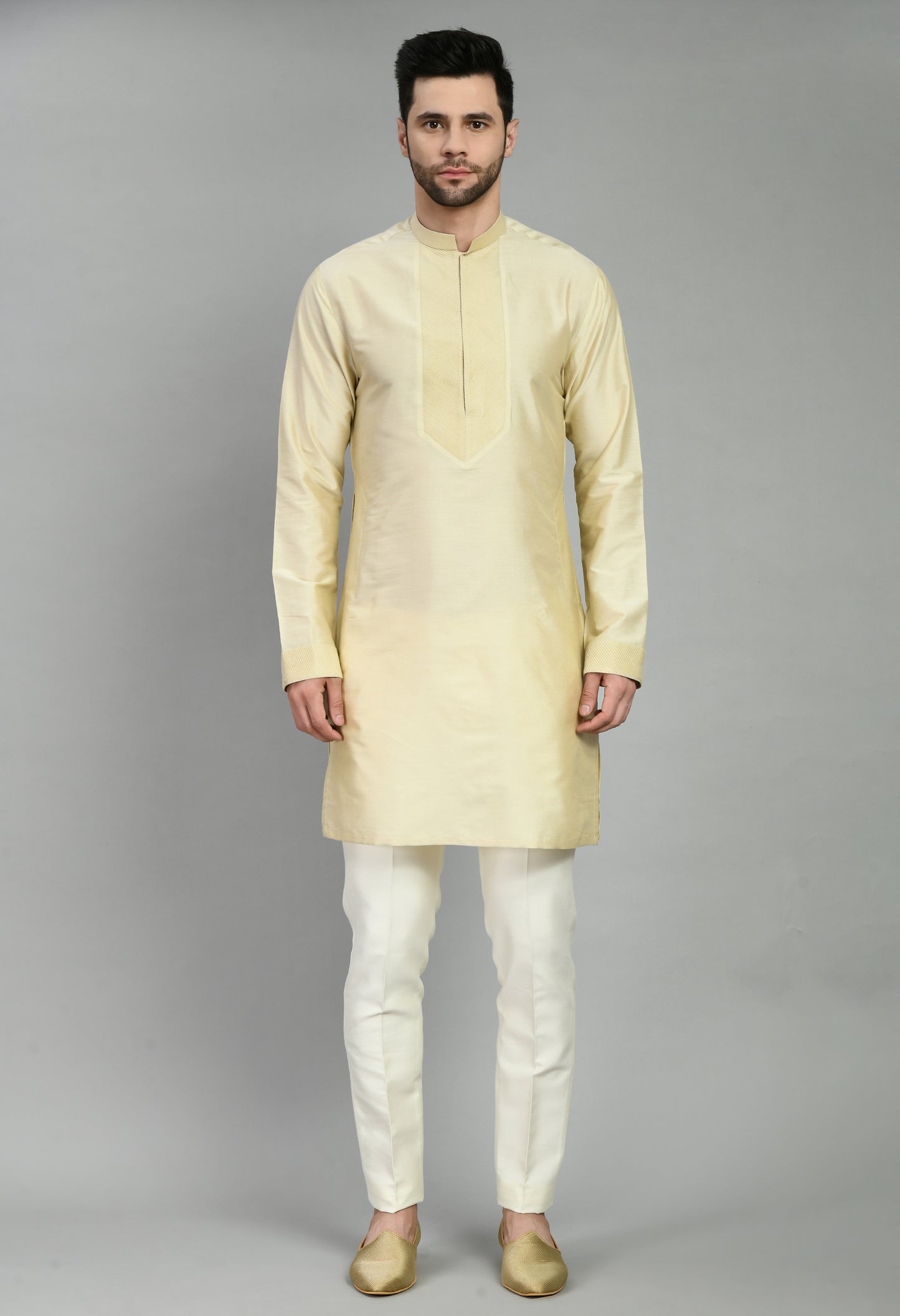 Detail view 2 - Men’s Indo-Western – Silk Kurta in Cream with Silk Thread Embroidery
