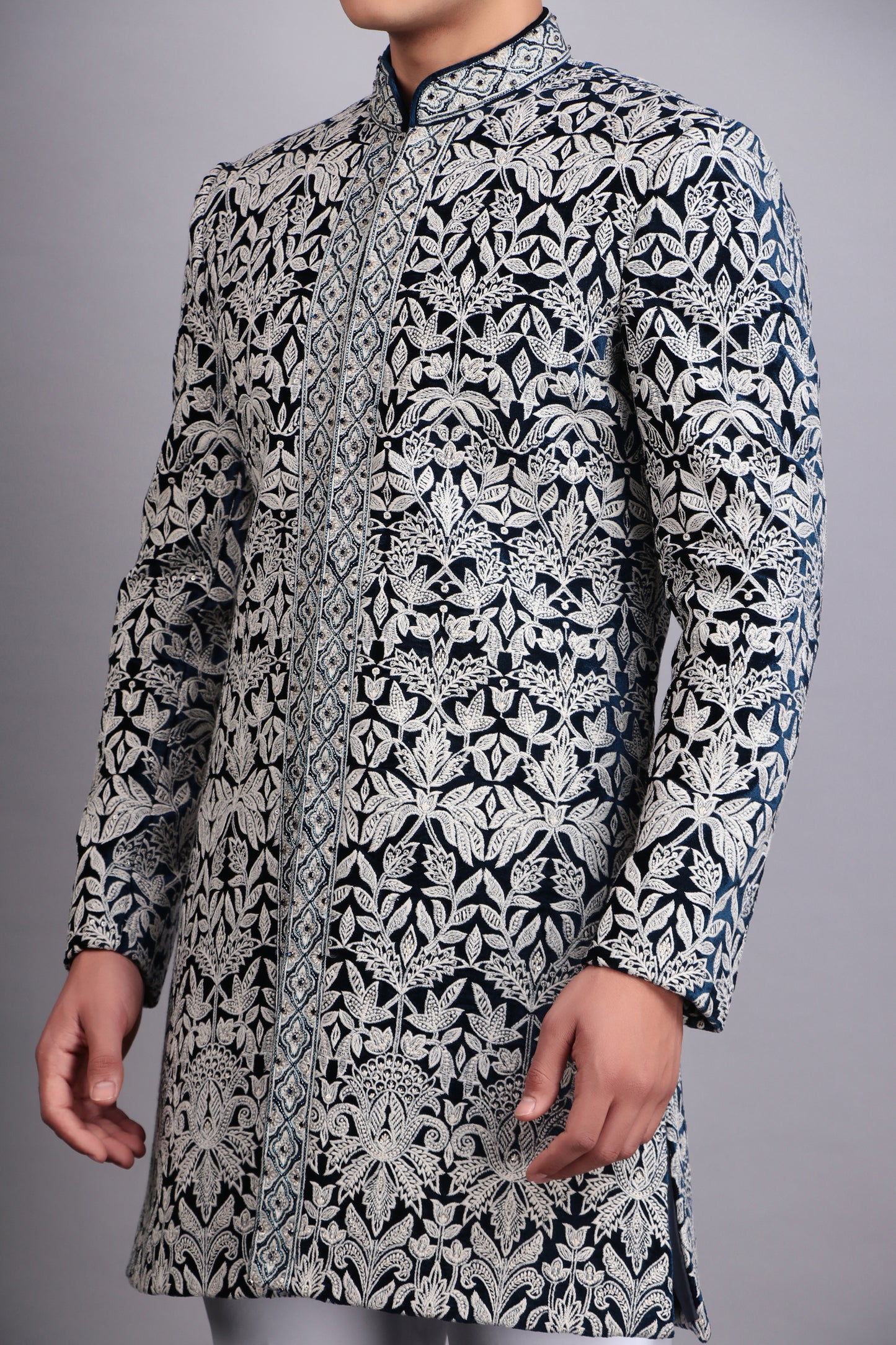 Detail view 3 - Men’s Indo-Western – Velvet Embroidered Fabric in Blue with Directional Embroidery