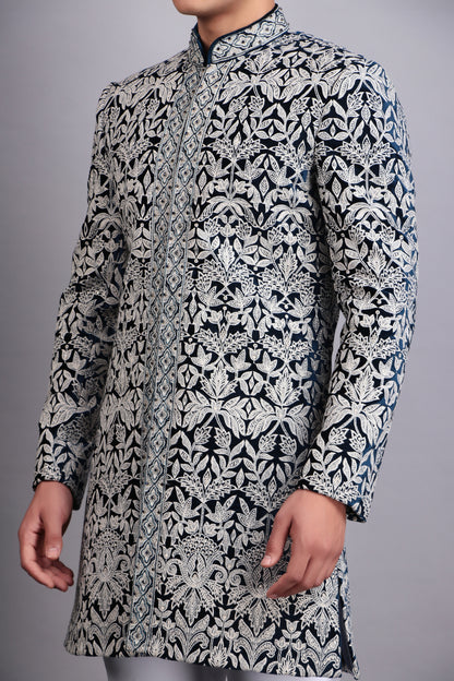Men’s Indo-Western – Velvet Embroidered Fabric in Blue with Directional Embroidery | One Man Show