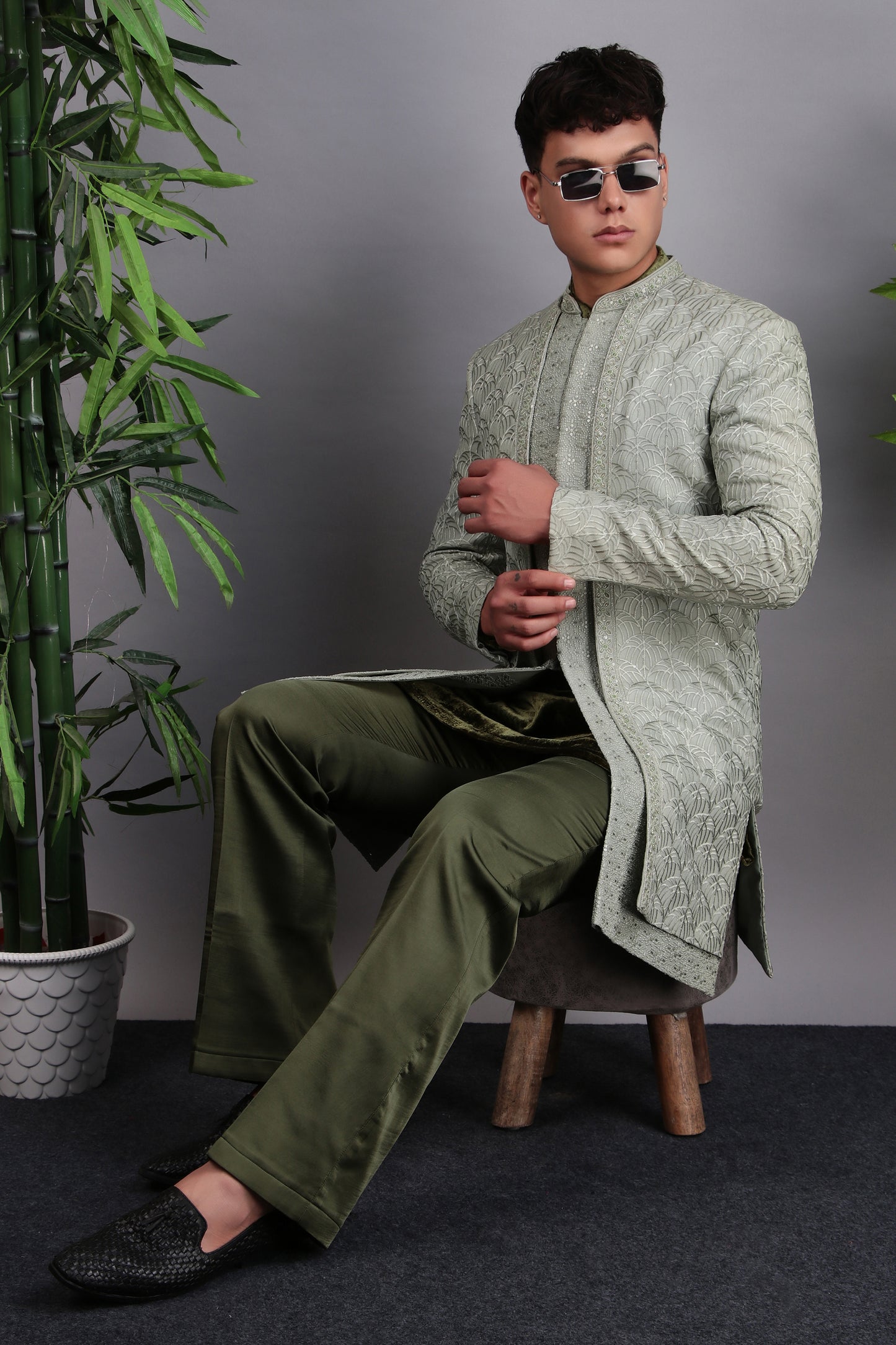 Detail view 3 - Men’s Indo-Western – Georgette Embroidered in Green with Hand Embroidery