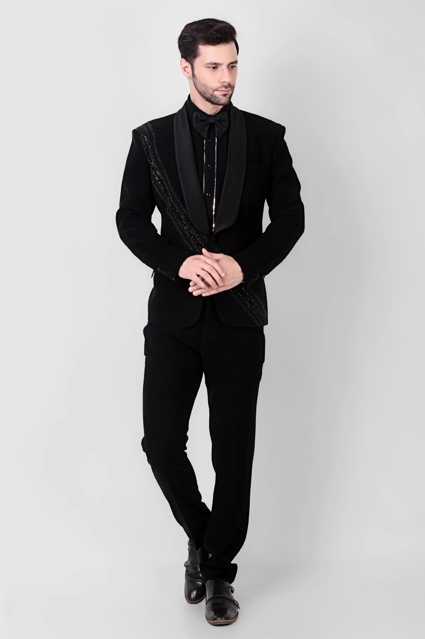 Front view - Men’s Tuxedo – Japanese Lycra in Black with Directional Embroidery