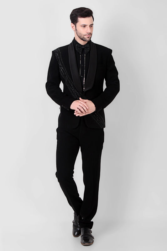 Front view - Men’s Tuxedo – Japanese Lycra in Black with Directional Embroidery