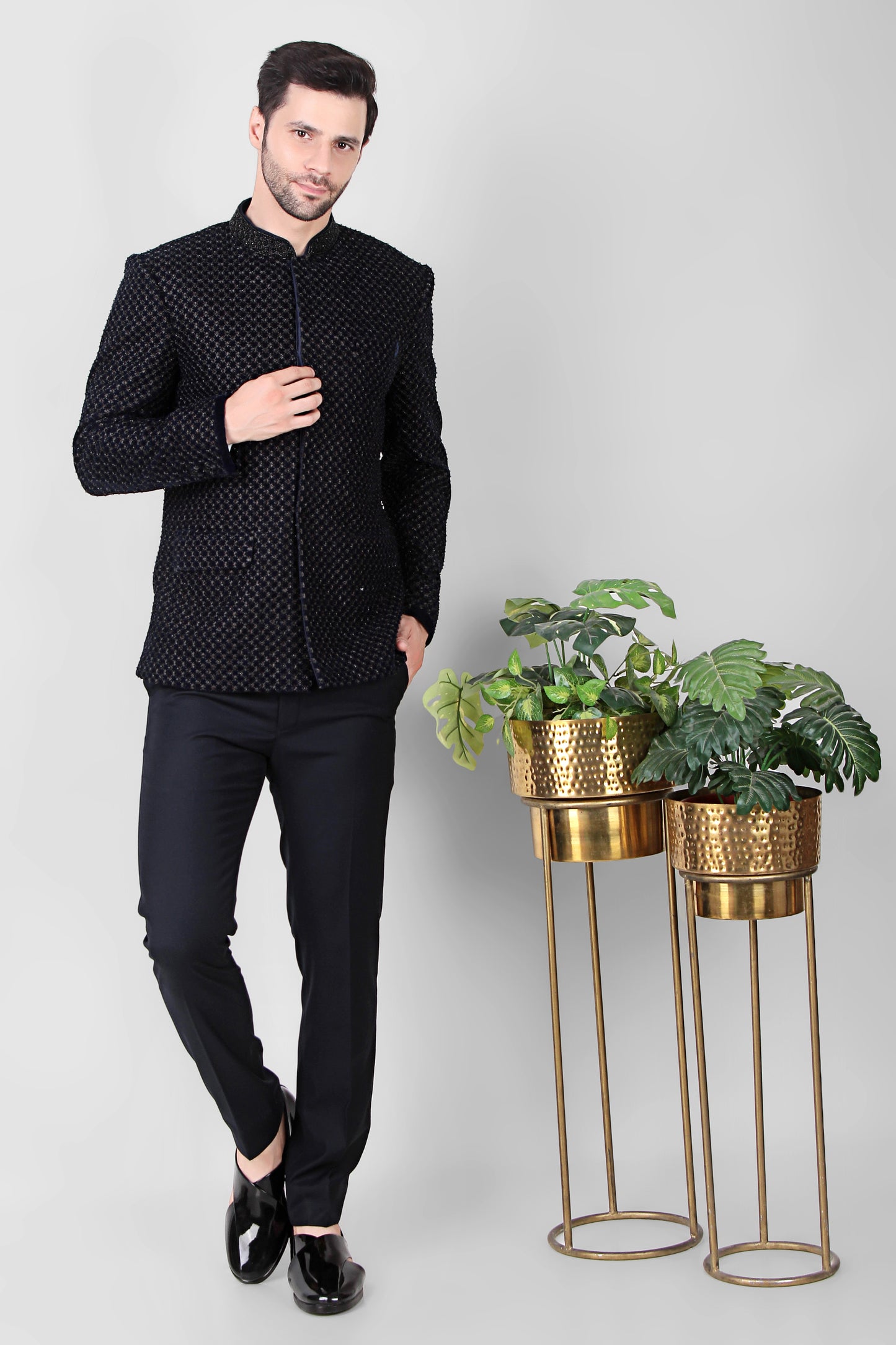 Front view - Men’s Bandhgala – Velvet in Black with Beads Embroidery