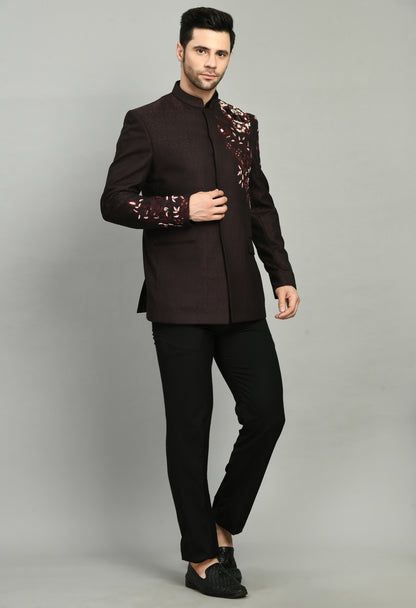 Men’s Bandhgala – Jaquard Suiting in Wine with Shoulder Embroidery | One Man Show