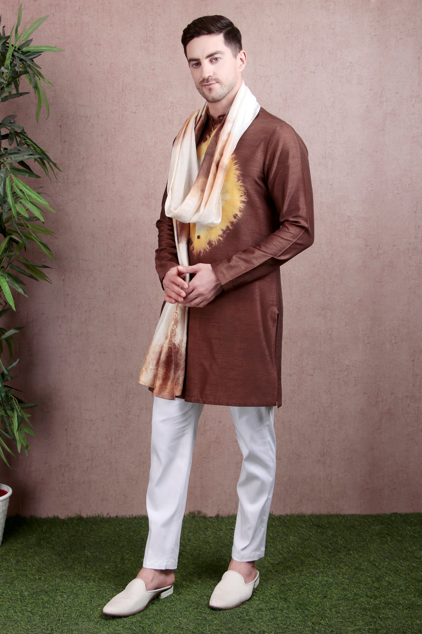 Side view - Men’s Kurta Set – Raw Silk in Brown with Yellow Tie-Dye Center Motif