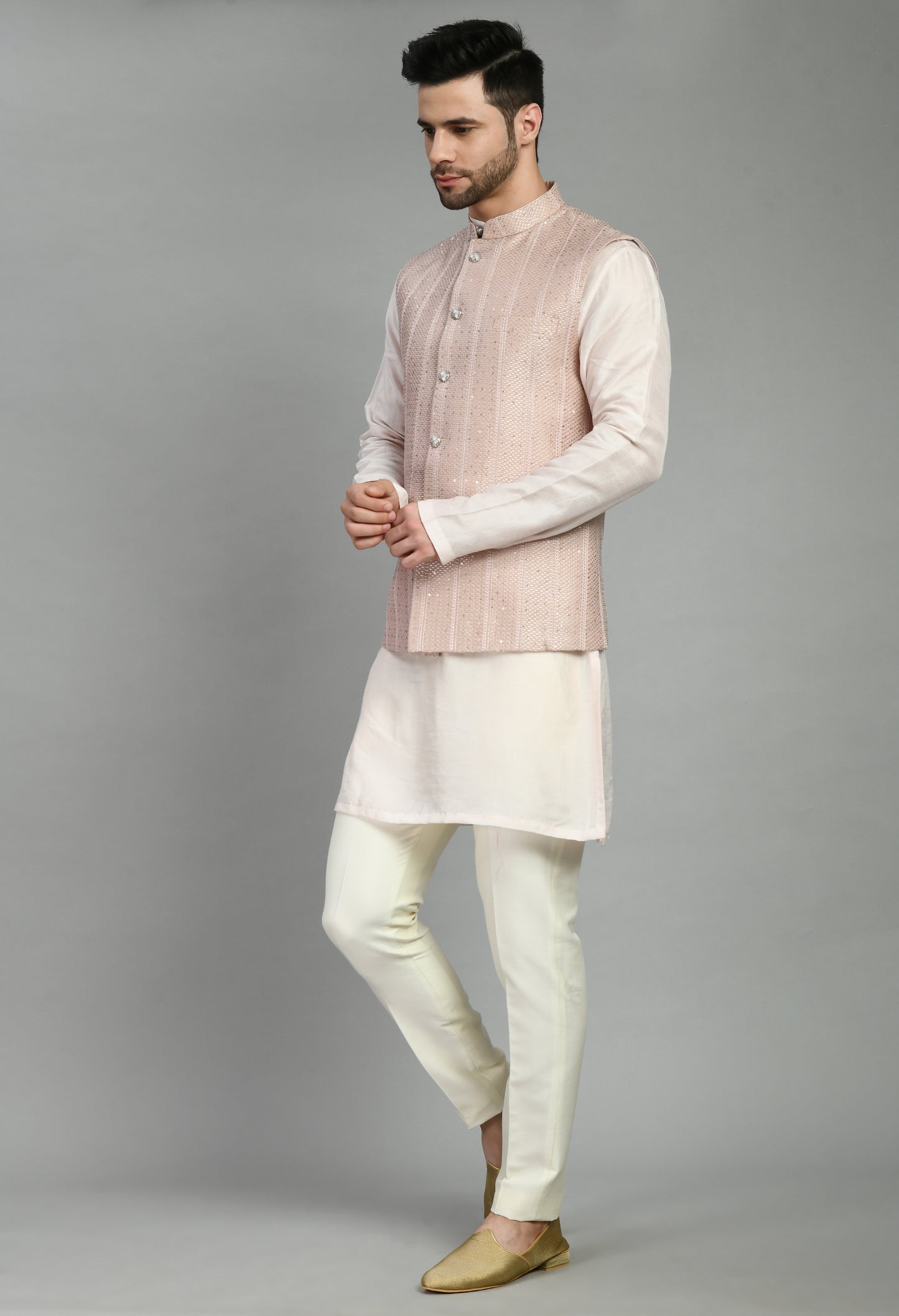 Side view - Men’s Nehru Jacket – Silk Georgette in Pink with Thread and Sequins Embroidery