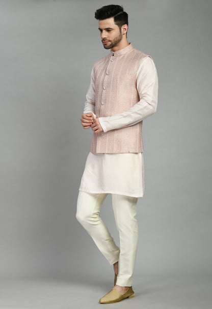 Men’s Nehru Jacket – Silk Georgette in Pink with Thread and Sequins Embroidery | One Man Show