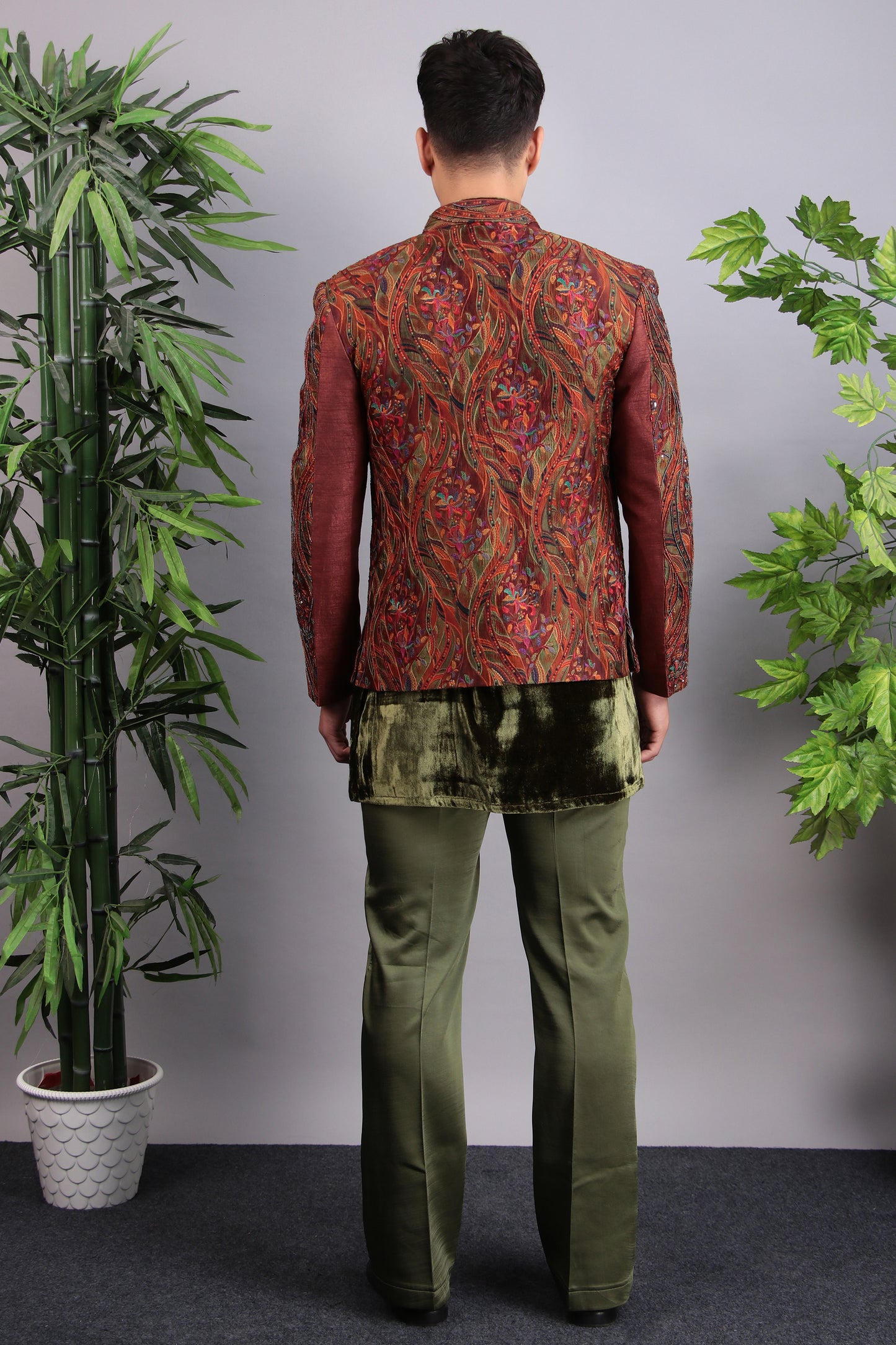 Detail view 2 - Men’s Indo-Western – Velvet Embroidered Fabric in Green with Multi Colored Floral Embroidery