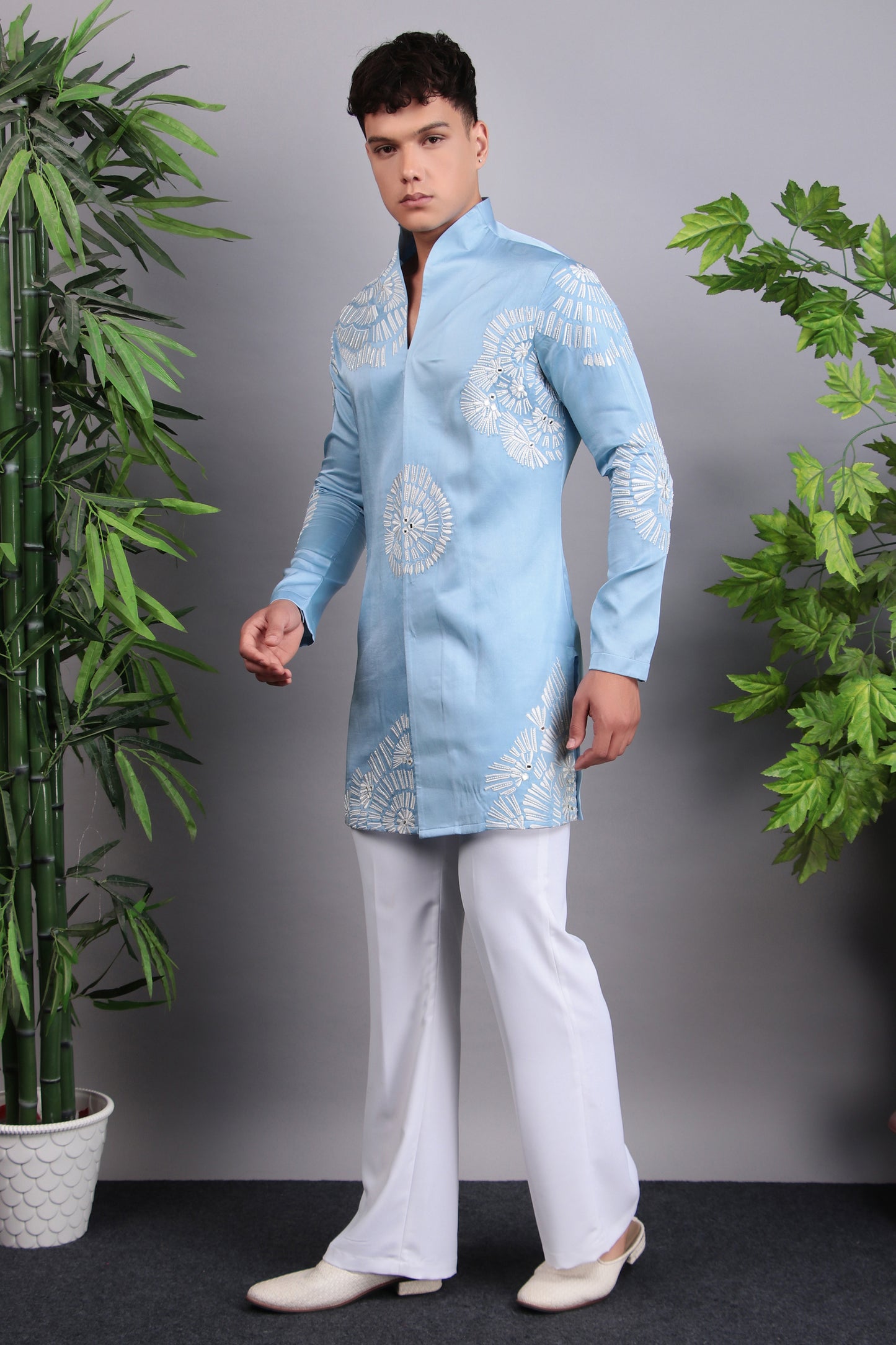 Detail view 2 - Men’s Kurta Set – Modal Satin in Blue with Silk Thread Embroidery