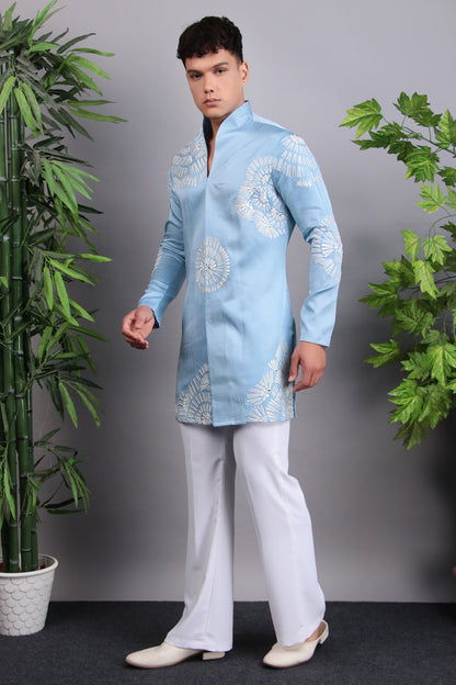 Men’s Kurta Set – Modal Satin in Blue with Silk Thread Embroidery | One Man Show