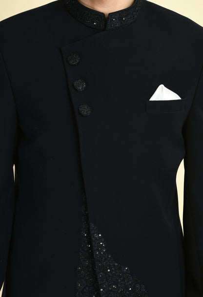 Men’s Bandhgala – Japanese Lycra in Black with Angrakha Front and Abstract Embroidery | One Man Show